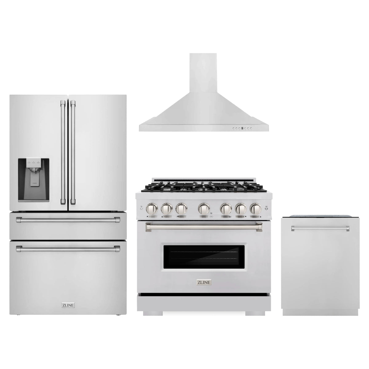 ZLINE 4-Piece Appliance Package - 36-Inch Gas Range, Hood, Refrigerator with Water Dispenser, and Dishwasher in Stainless Steel