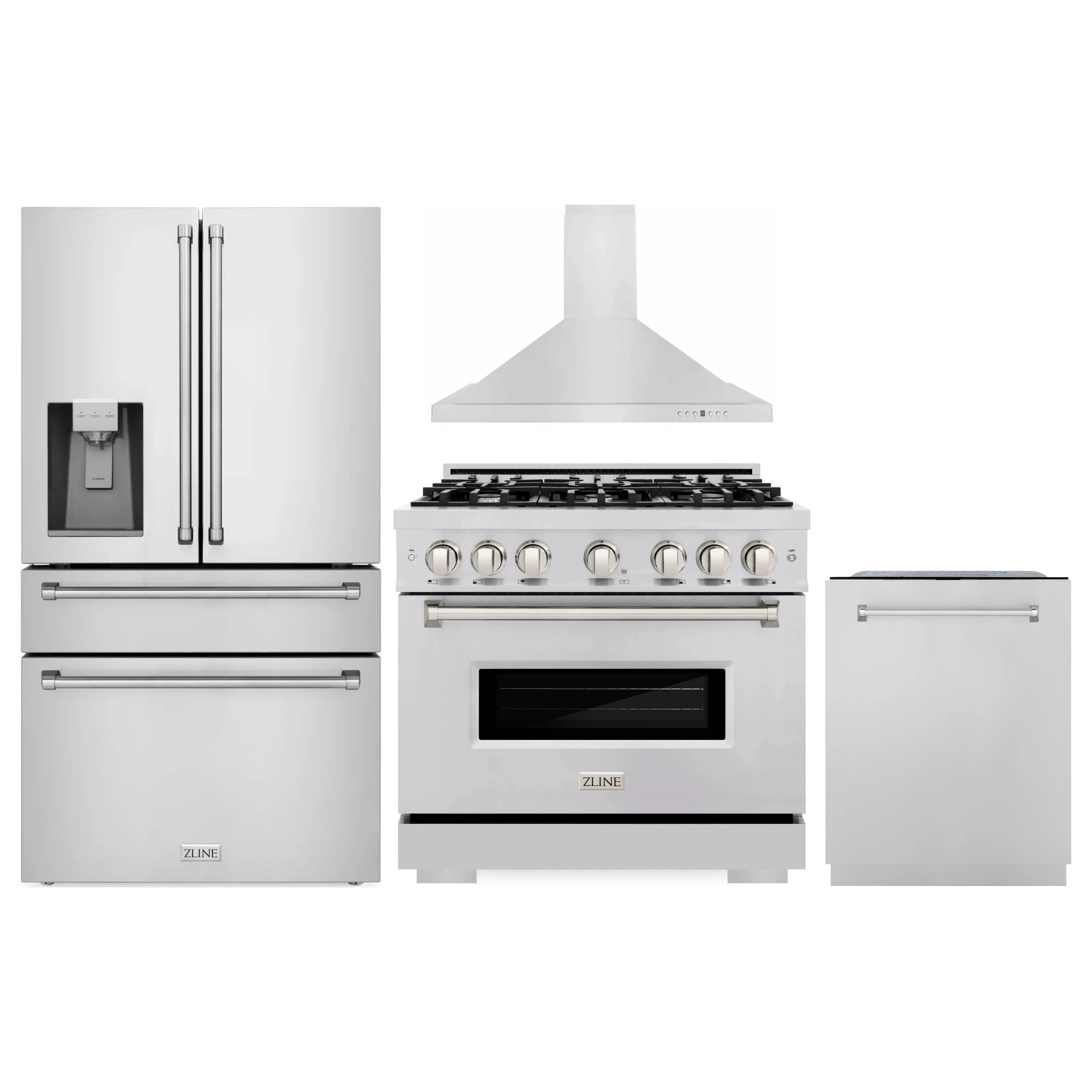 Stainless steel appliance package with refrigerator, gas range, hood, and dishwasher