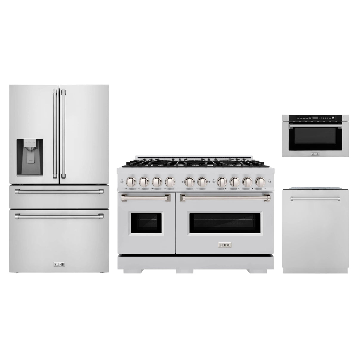 ZLINE 4-Piece Appliance Package - 48-Inch Classic Gas Range, Refrigerator with Water Dispenser, Dishwasher, and 24-Inch Microwave Drawer in Stainless Steel
