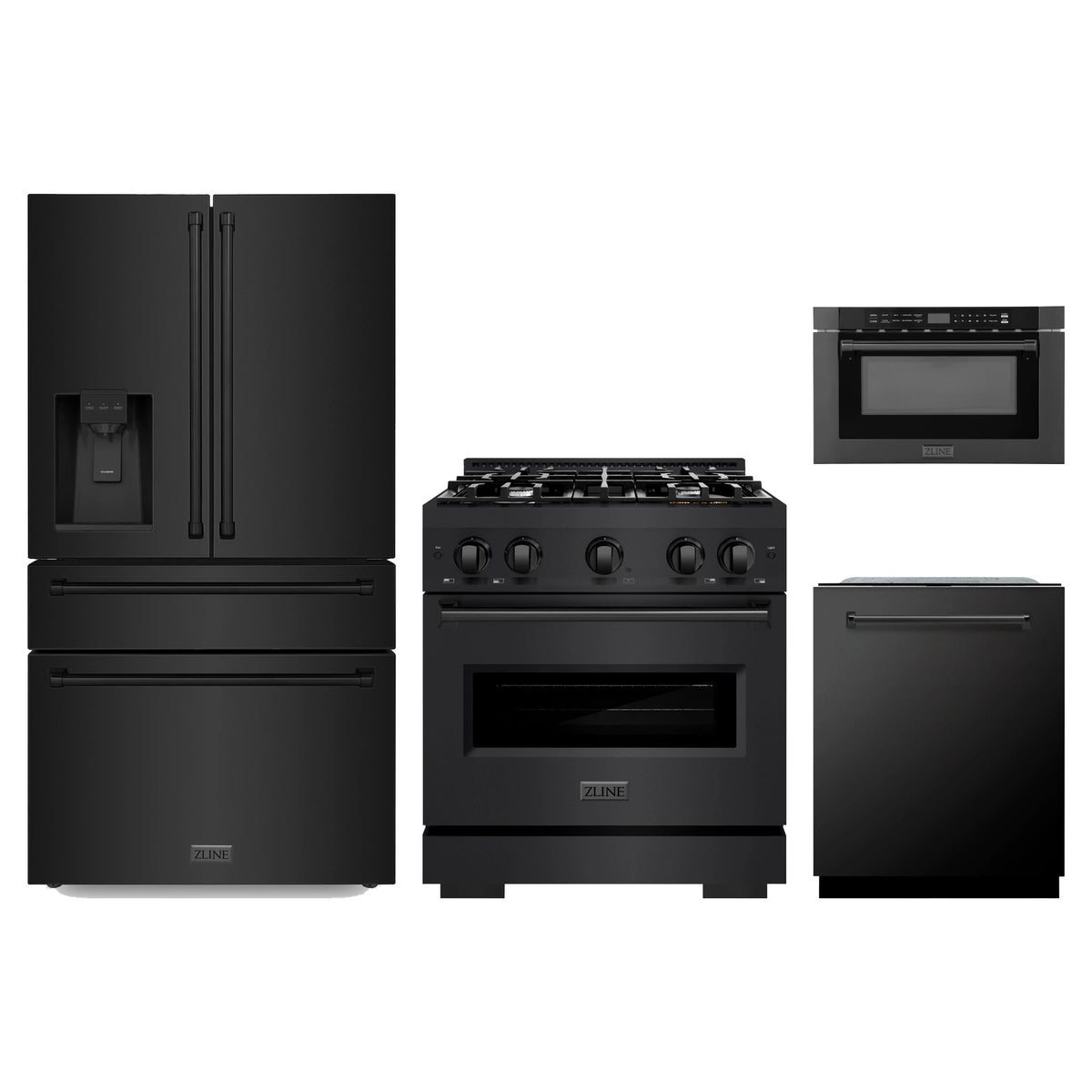 ZLINE 4-Piece Appliance Package - 30-Inch Classic Gas Range, Refrigerator with Water Dispenser, Dishwasher, and 24-Inch Microwave Drawer in Black Stainless Steel