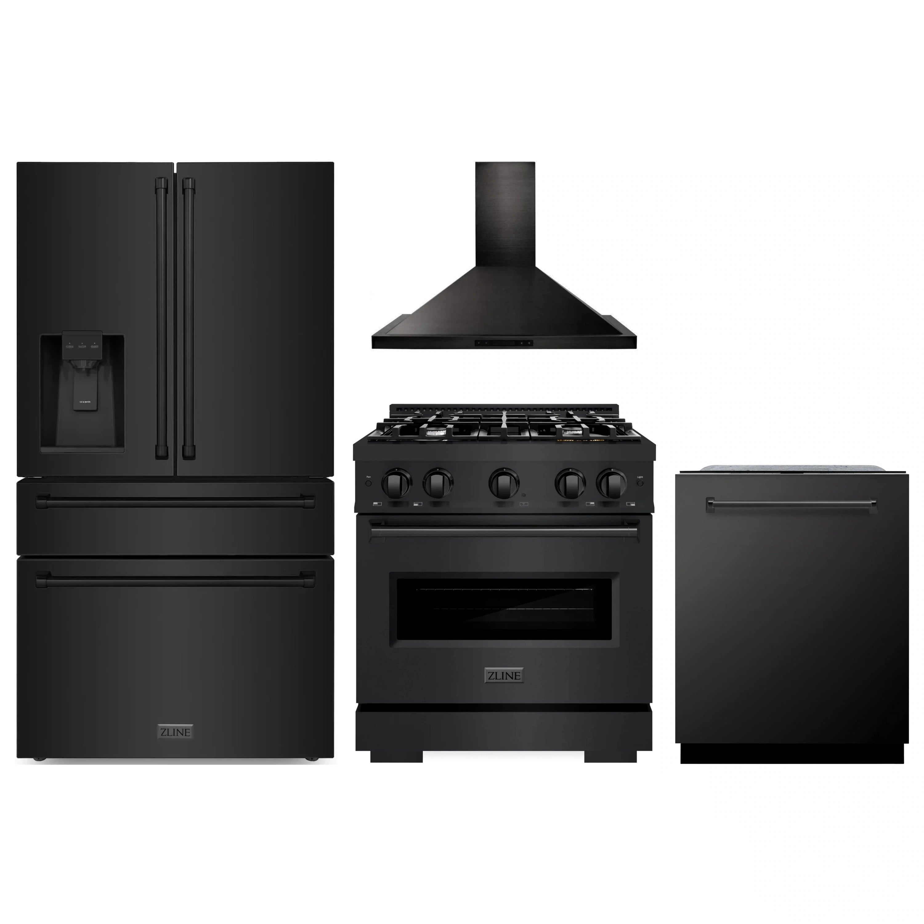 Black stainless steel 4-piece kitchen appliance set: refrigerator, range, hood, dishwasher