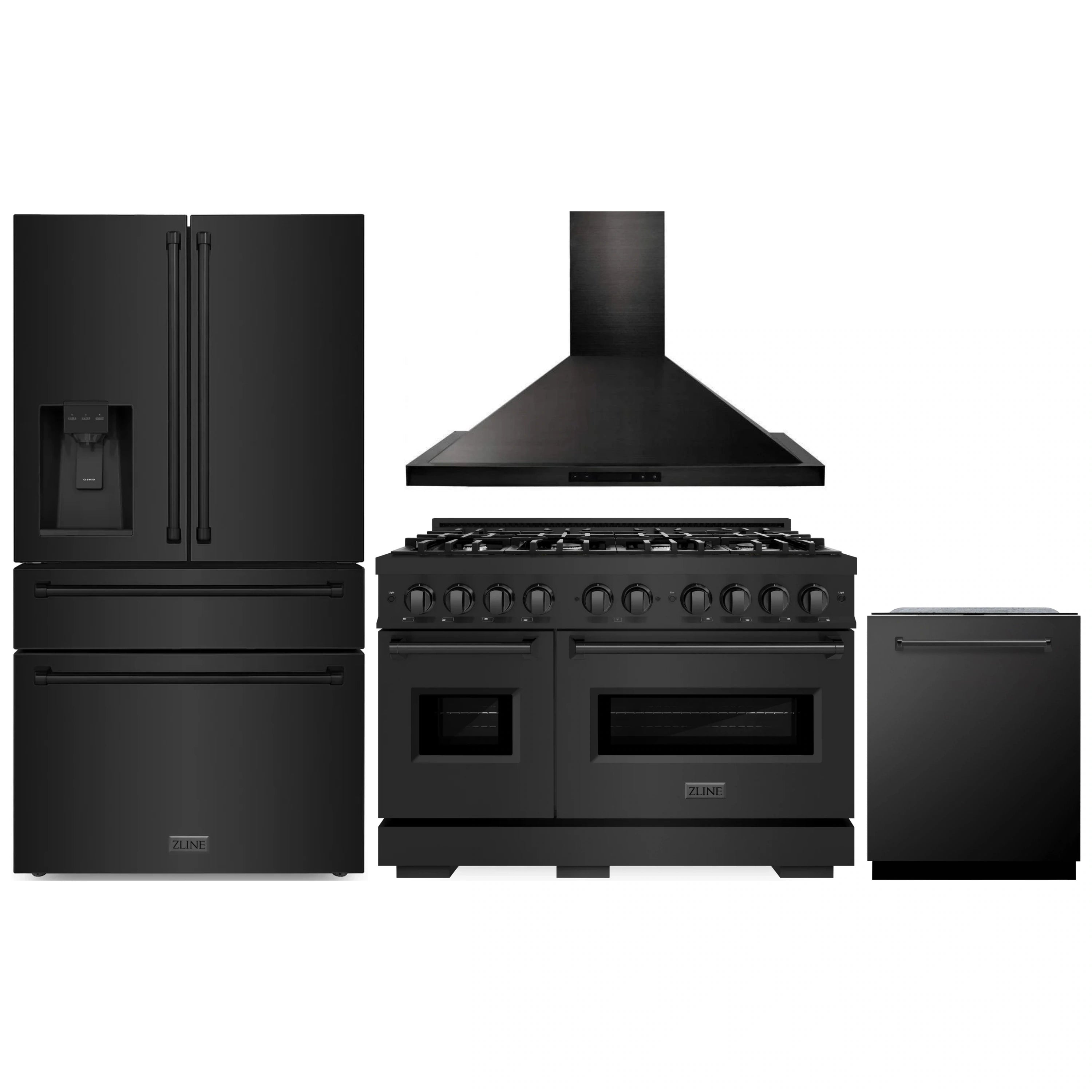 Black stainless appliance package with refrigerator, gas range, hood, and dishwasher