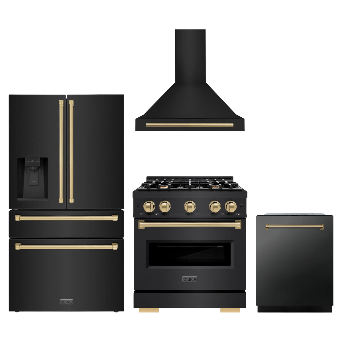 ZLINE 4-Piece Appliance Package - 30-Inch Gas Range, Hood, Refrigerator with Water Dispenser, and Dishwasher in Black Stainless Steel with Champagne Bronze Accents