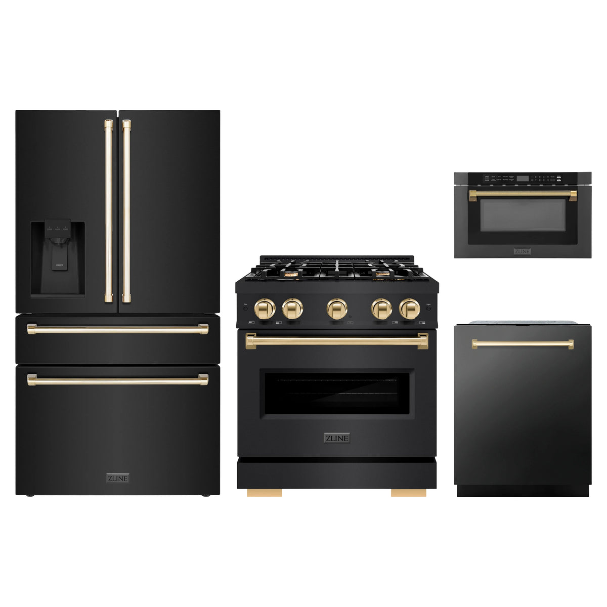 ZLINE 4-Piece Appliance Package - 30-Inch Classic Gas Range, Refrigerator with Water Dispenser, Dishwasher, and 24-Inch Microwave Drawer in Black Stainless Steel with Gold Accents