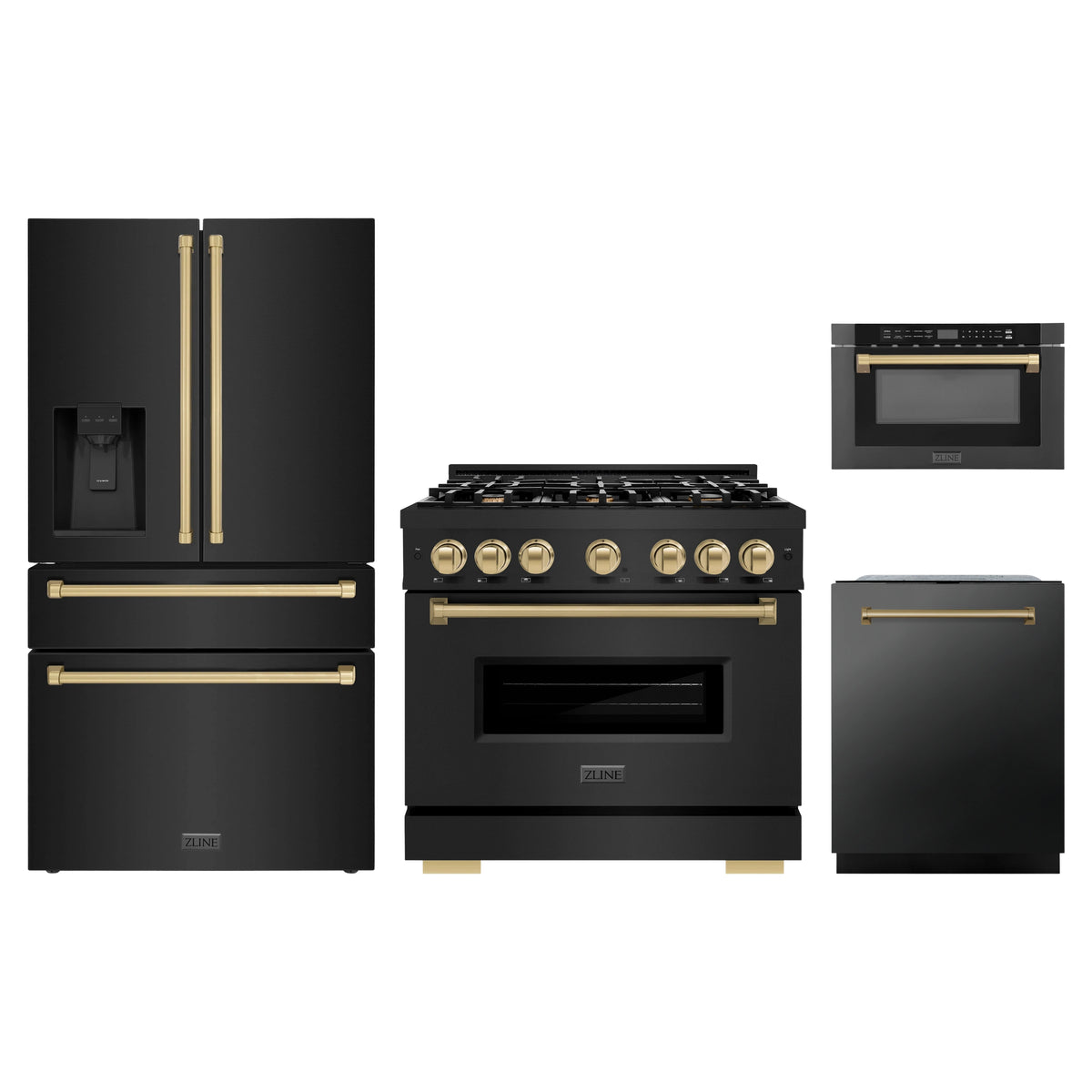 ZLINE 4-Piece Appliance Package - 36-Inch Classic Gas Range, Refrigerator with Water Dispenser, Dishwasher, and 24-Inch Microwave Drawer in Black Stainless Steel with Champagne Bronze Accents