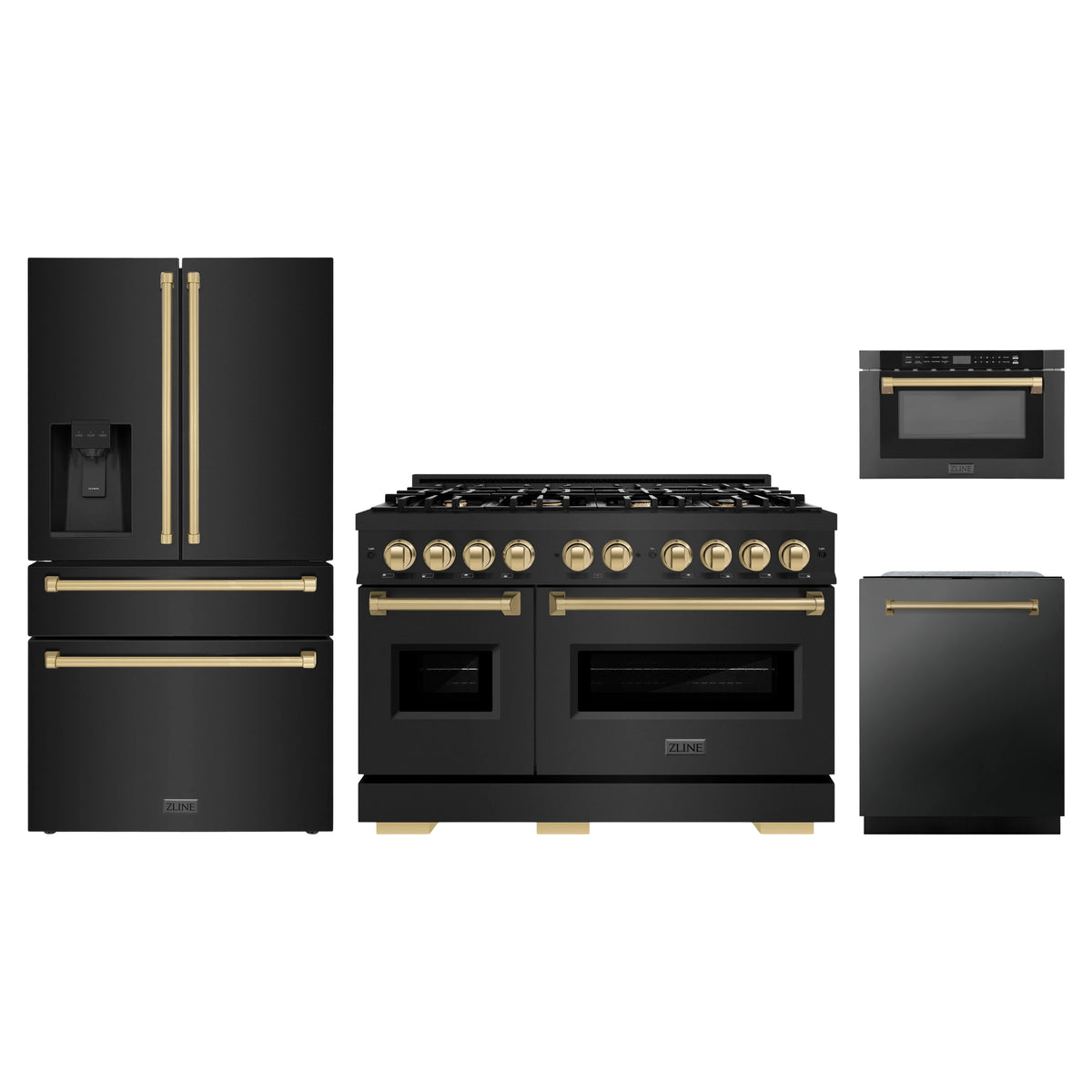 ZLINE 4-Piece Appliance Package - 48-Inch Classic Gas Range, Refrigerator with Water Dispenser, Dishwasher, and 24-Inch Microwave Drawer in Black Stainless Steel with Champagne Bronze Accents