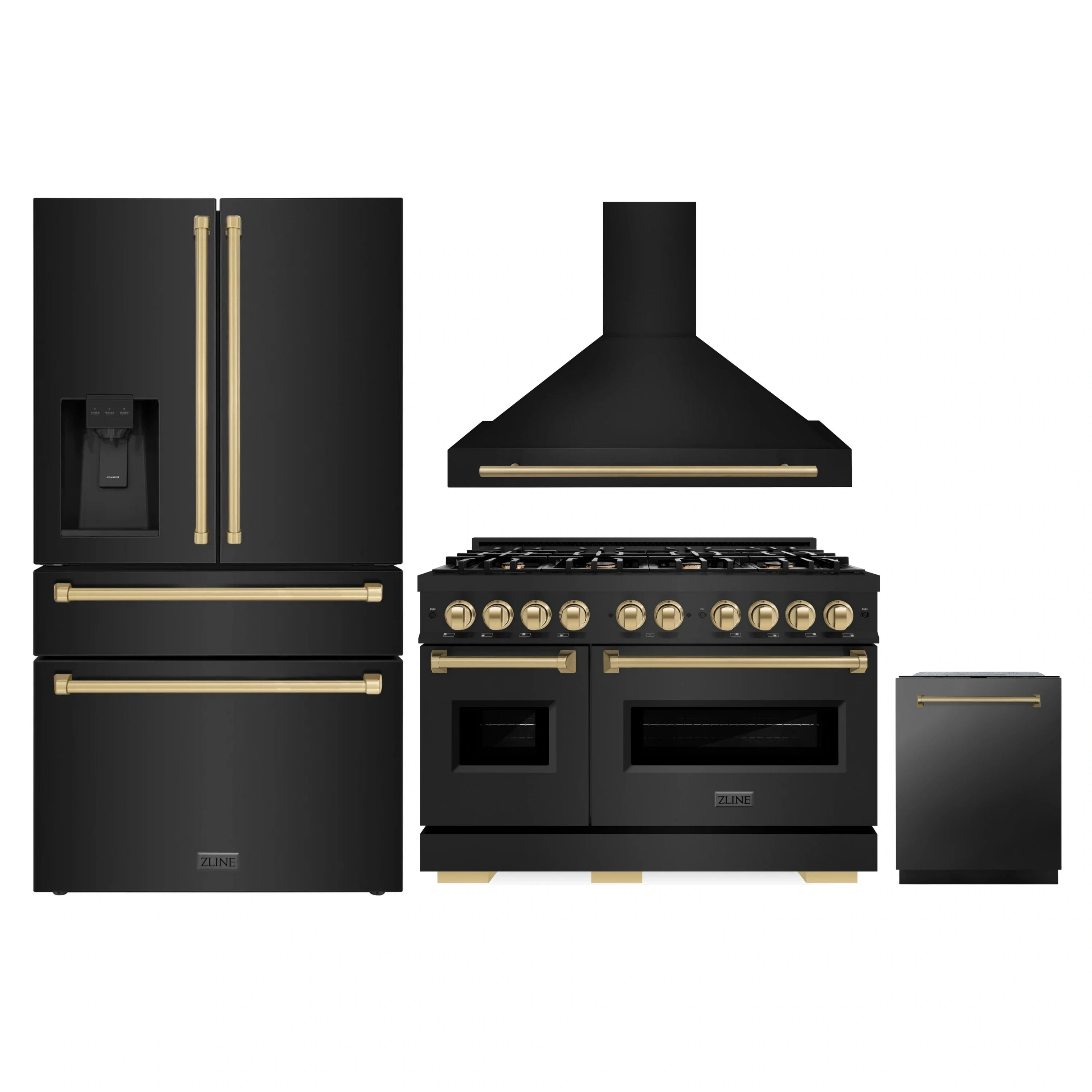 Black stainless appliance set with champagne bronze accents