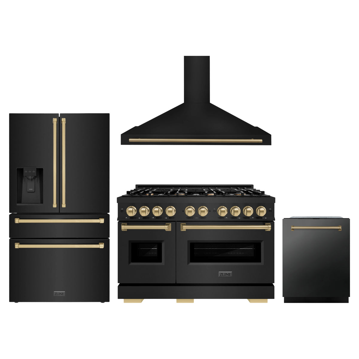 ZLINE 4-Piece Appliance Package - 48-Inch Gas Range, Hood, Refrigerator with Water Dispenser, and Dishwasher in Black Stainless Steel with Champagne Bronze Accents