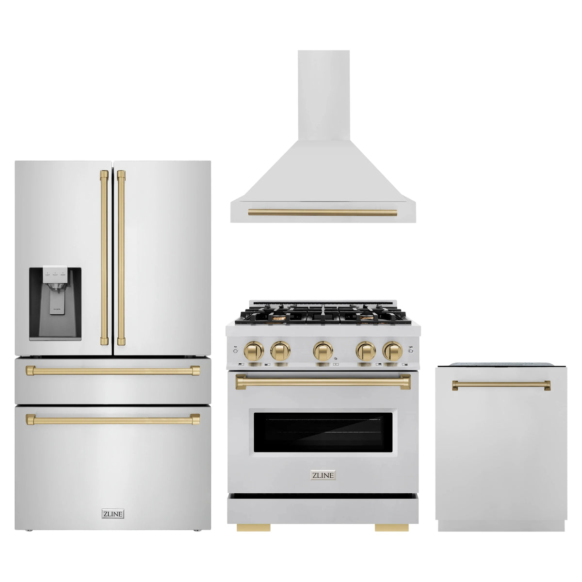 ZLINE 4-Piece Appliance Package - 30-Inch Gas Range, Hood, Refrigerator with Water Dispenser, and Dishwasher in Stainless Steel with Champagne Bronze Accents