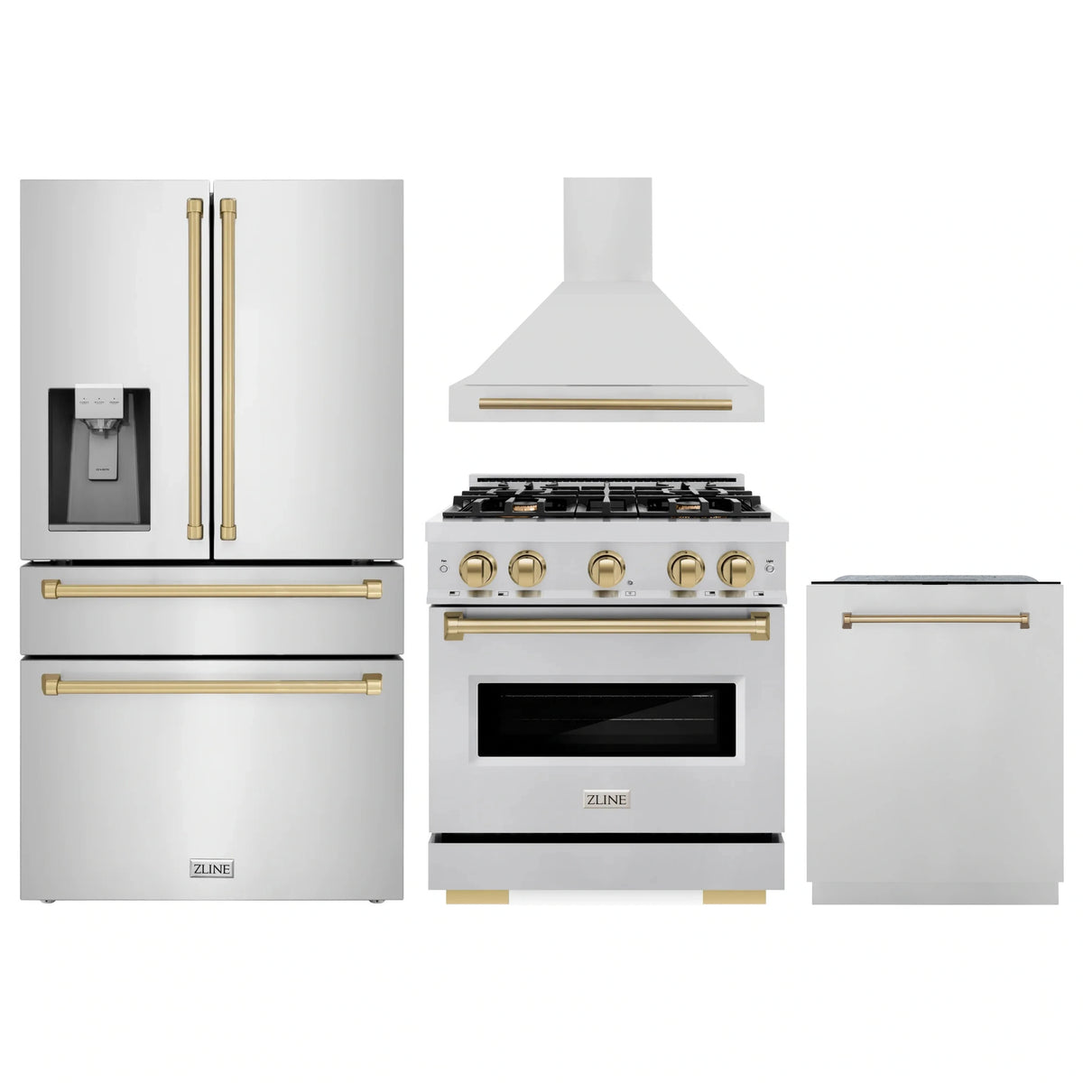 Stainless steel kitchen appliance set with gold accents: range, hood, dishwasher, fridge
