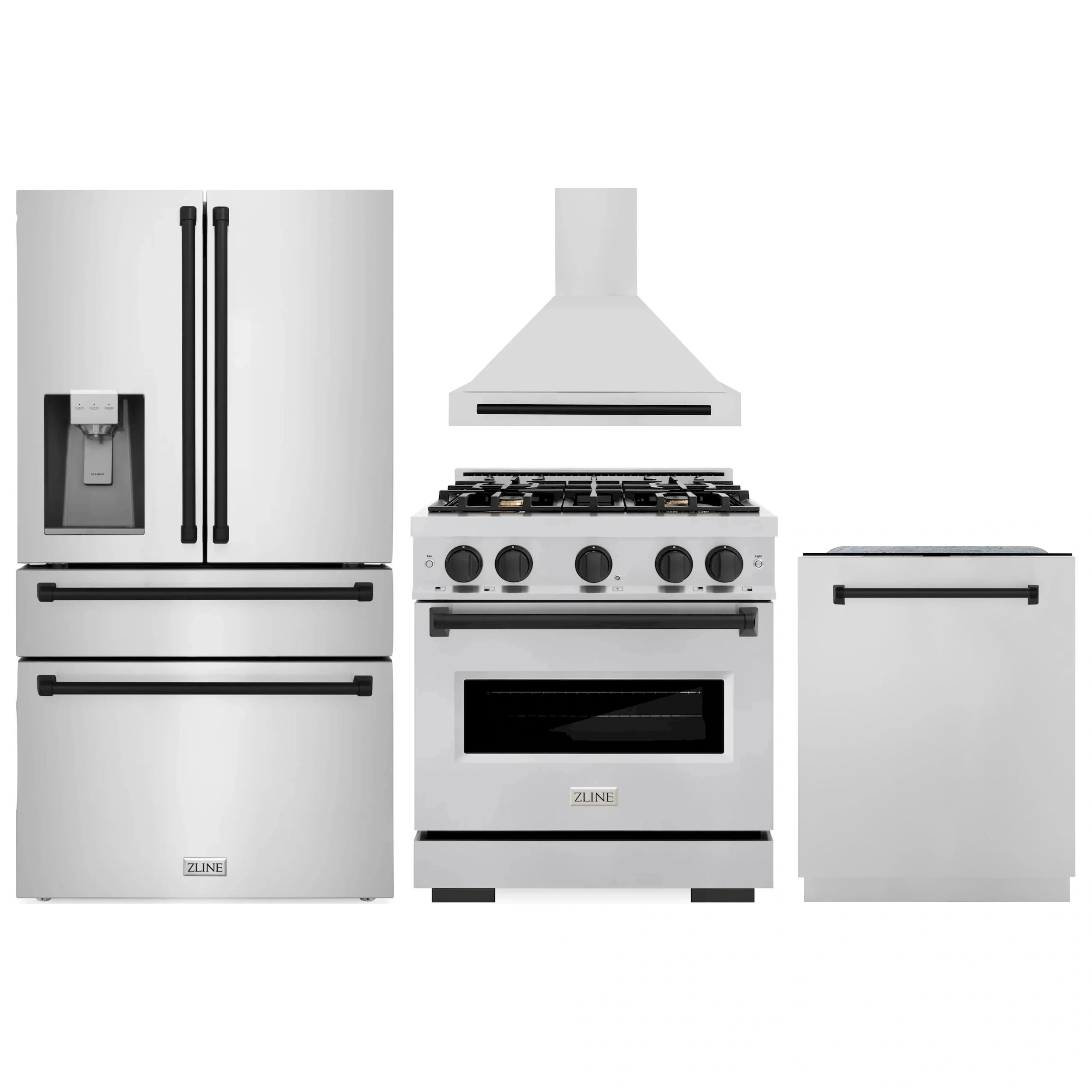 Stainless steel appliance set with refrigerator, gas range, hood, and dishwasher