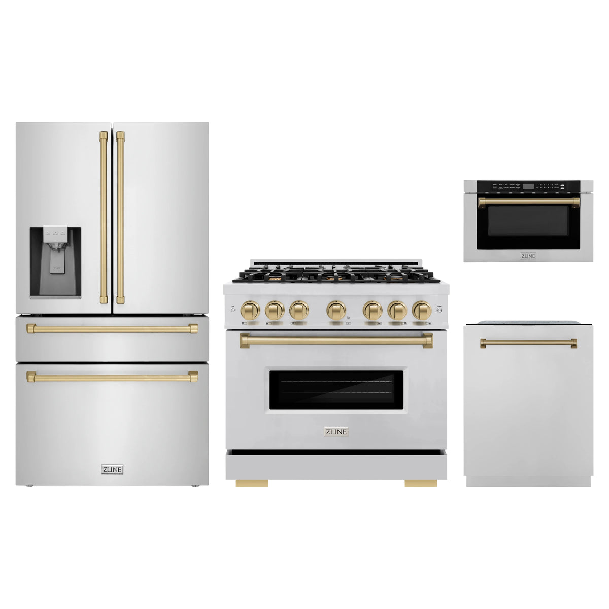 ZLINE 4-Piece Appliance Package - 36-Inch Classic Gas Range, Refrigerator with Water Dispenser, Dishwasher, and 24-Inch Microwave Drawer in Stainless Steel with Champagne Bronze Accents