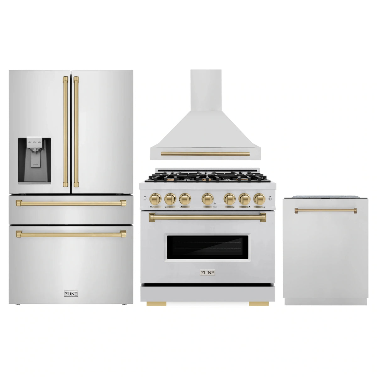Four-piece kitchen appliance set with white fronts and gold accents