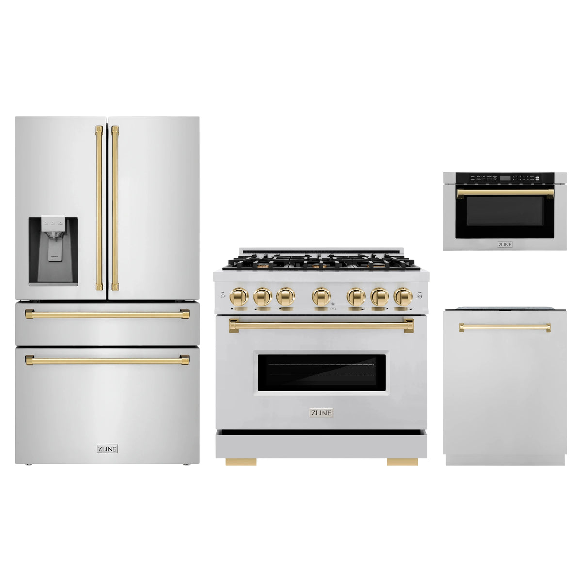 ZLINE 4-Piece Appliance Package - 36-Inch Classic Gas Range, Refrigerator with Water Dispenser, Dishwasher, and 24-Inch Microwave Drawer in Stainless Steel with Gold Accents