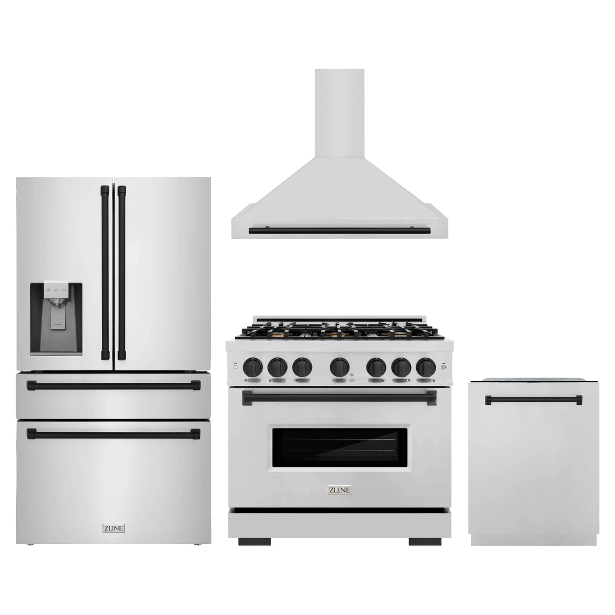 ZLINE 4-Piece Appliance Package - 36-Inch Gas Range, Hood, Refrigerator with Water Dispenser, and Dishwasher in Stainless Steel with Matte Black Accents