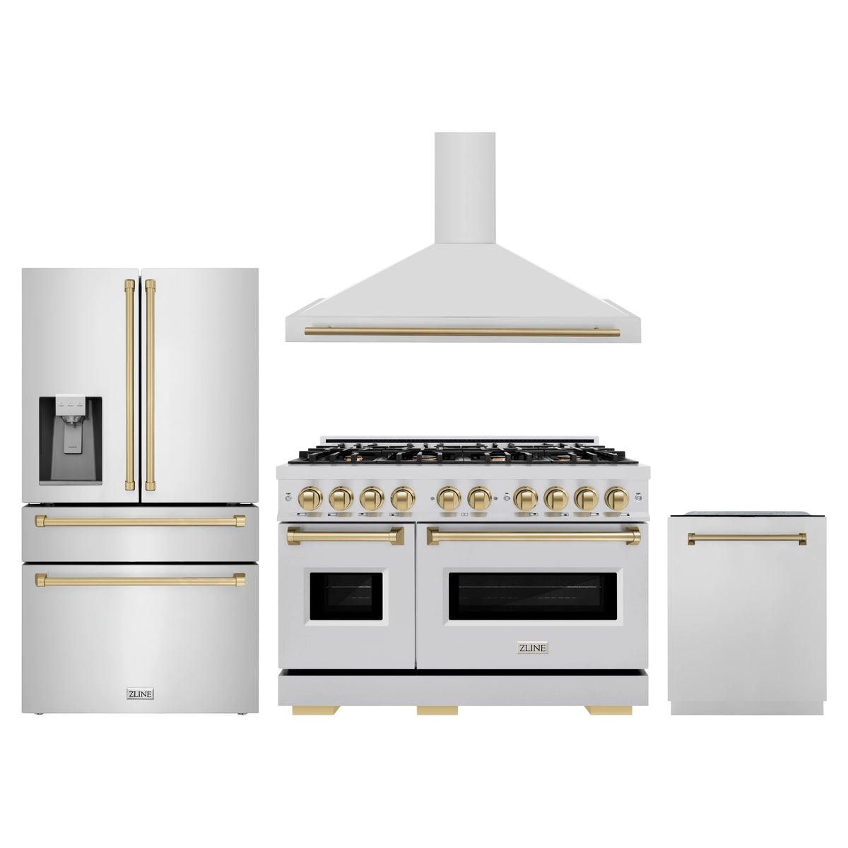 ZLINE 4-Piece Appliance Package - 48-Inch Gas Range, Hood, Refrigerator with Water Dispenser, and Dishwasher in Stainless Steel with Champagne Bronze Accents
