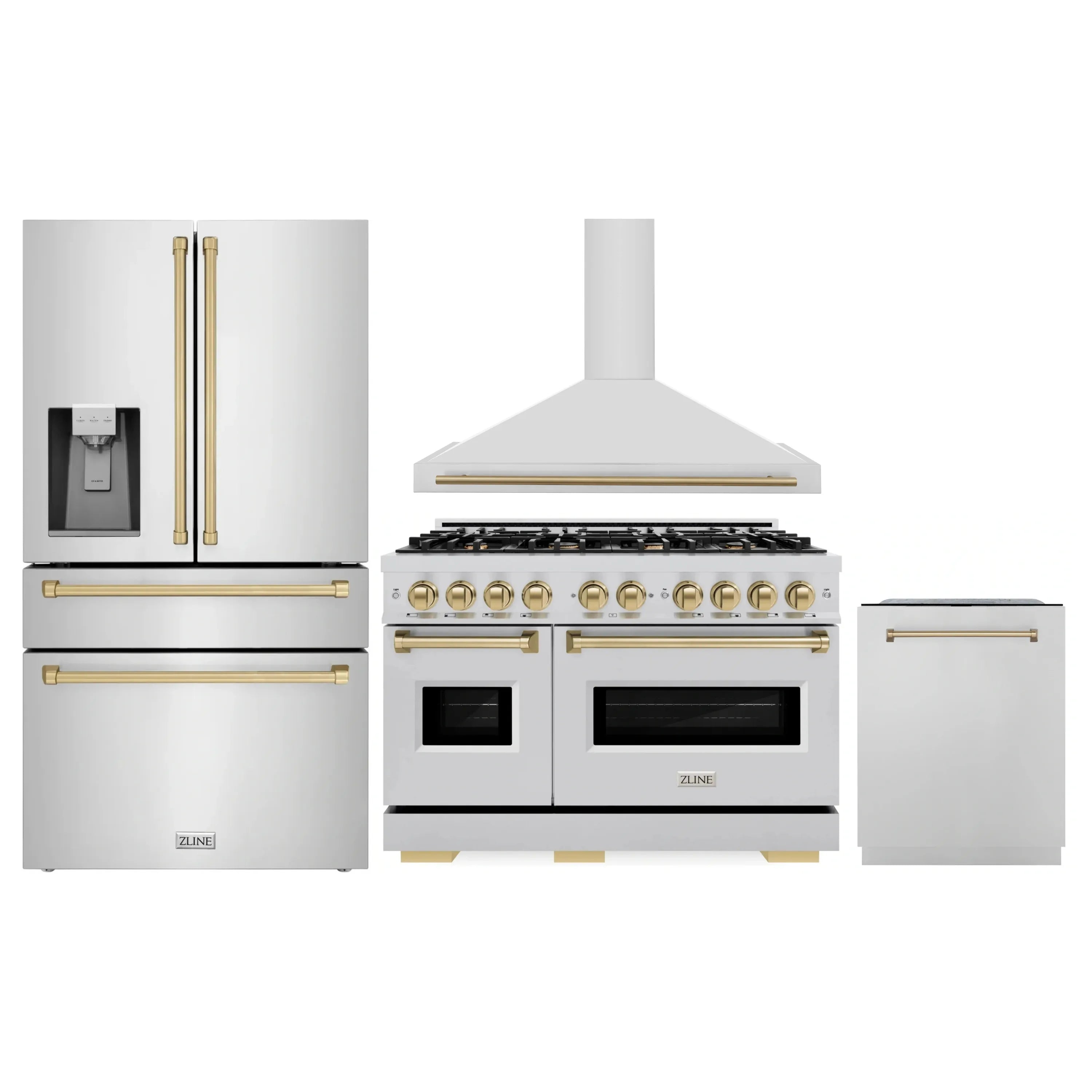 4-piece stainless steel appliance package with gas range, hood, fridge, dishwasher
