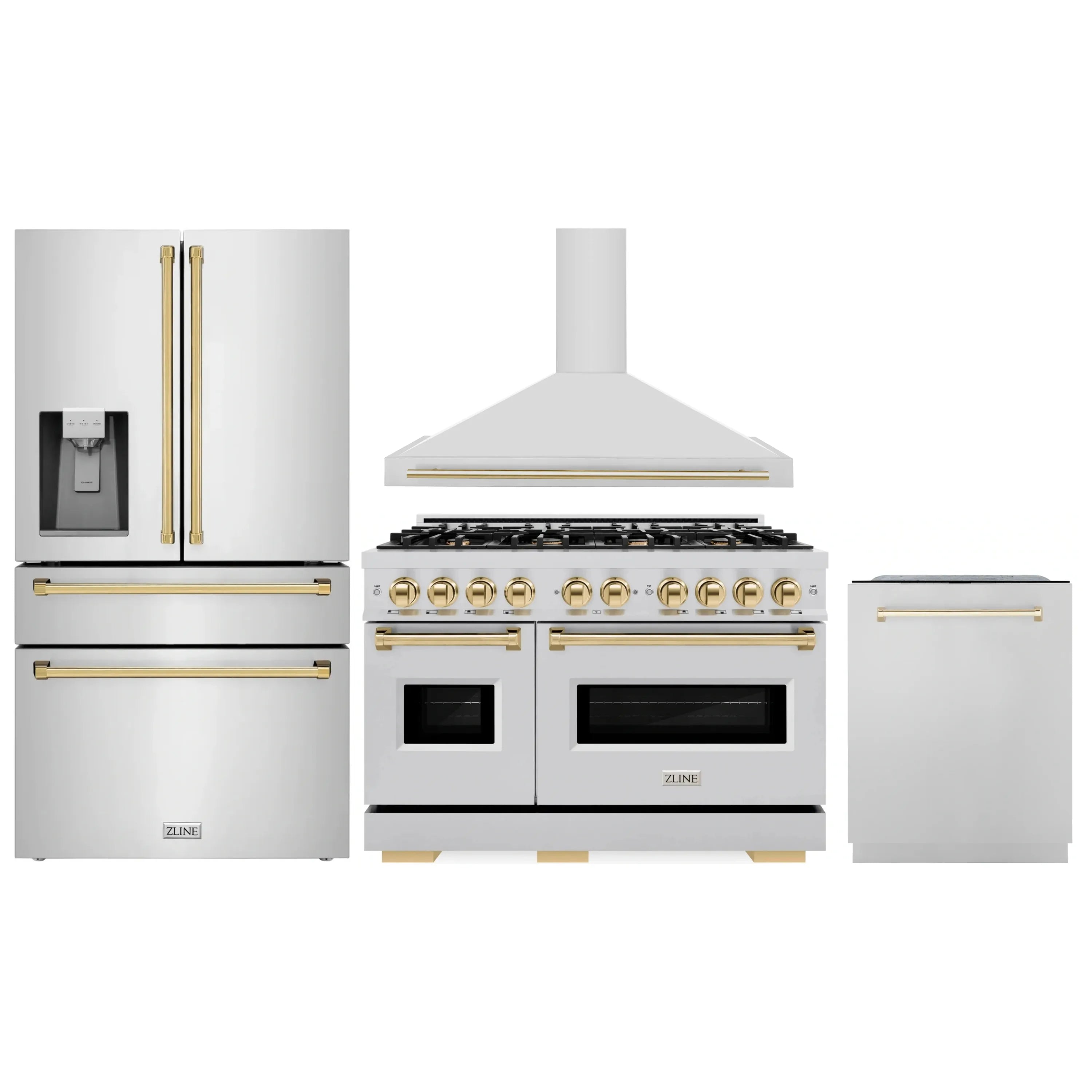 Stainless appliance package: gas range, hood, refrigerator, and dishwasher with gold accents