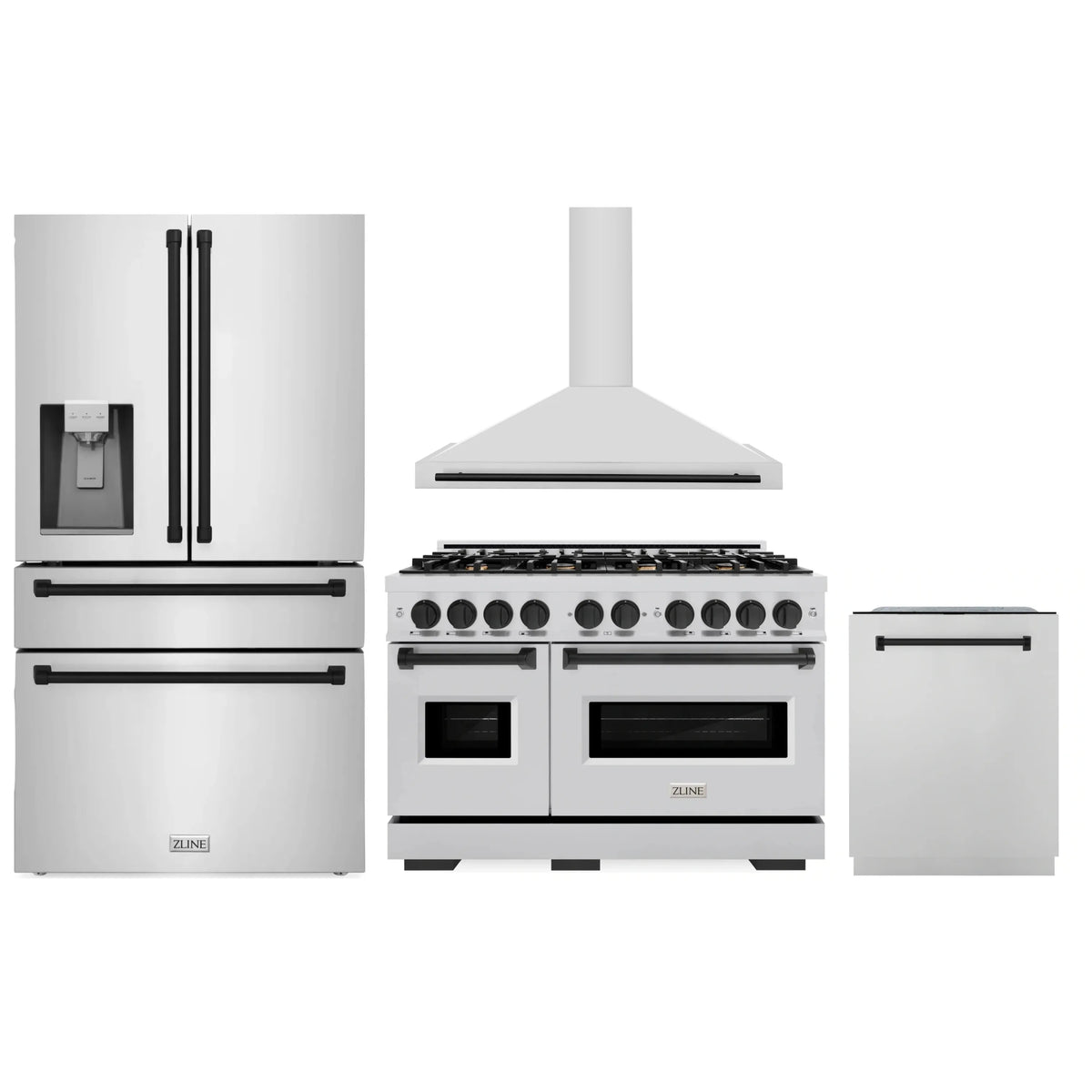 Stainless steel kitchen appliance set: gas range, hood, refrigerator, and dishwasher