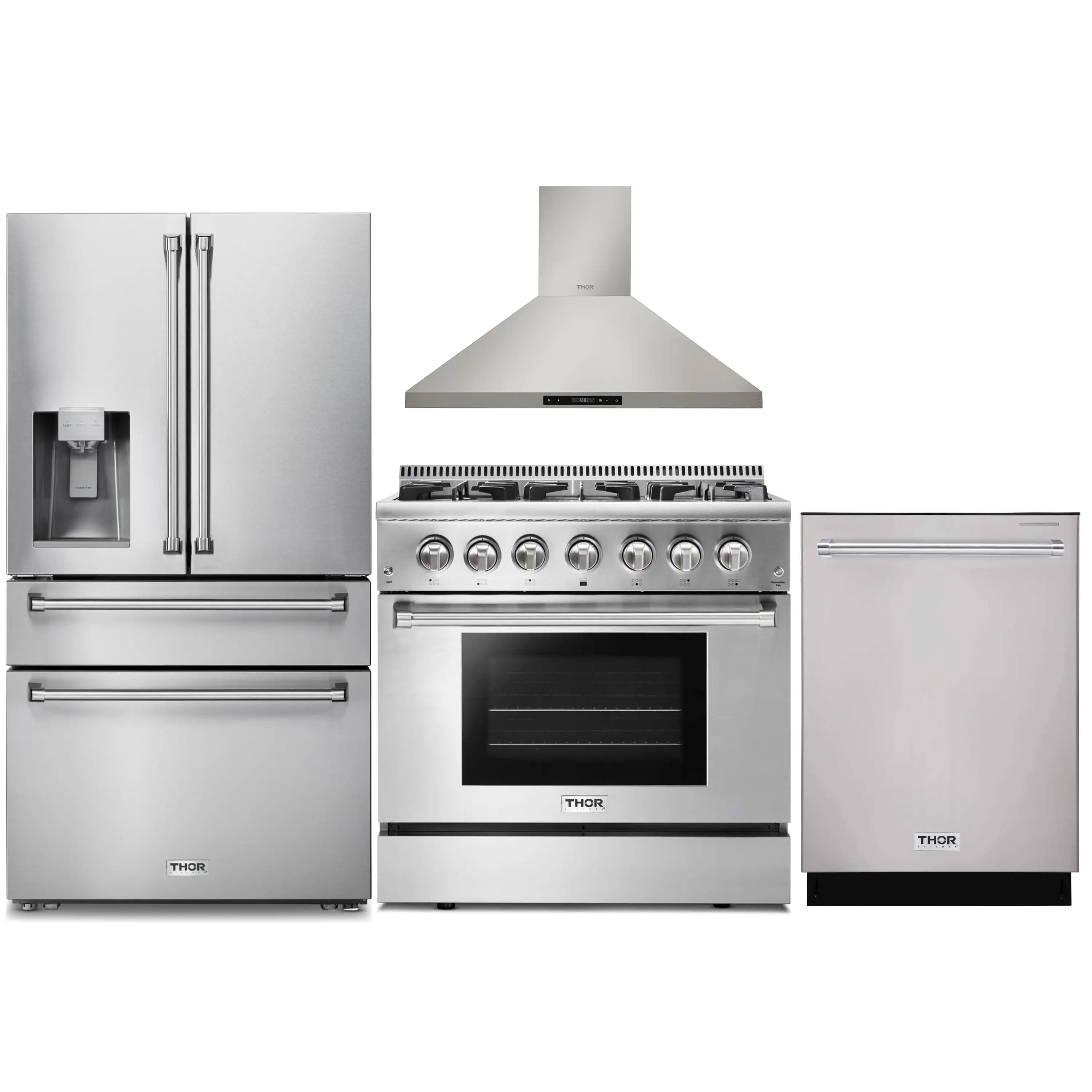 Stainless steel kitchen appliance package: refrigerator, dual fuel range, hood, dishwasher