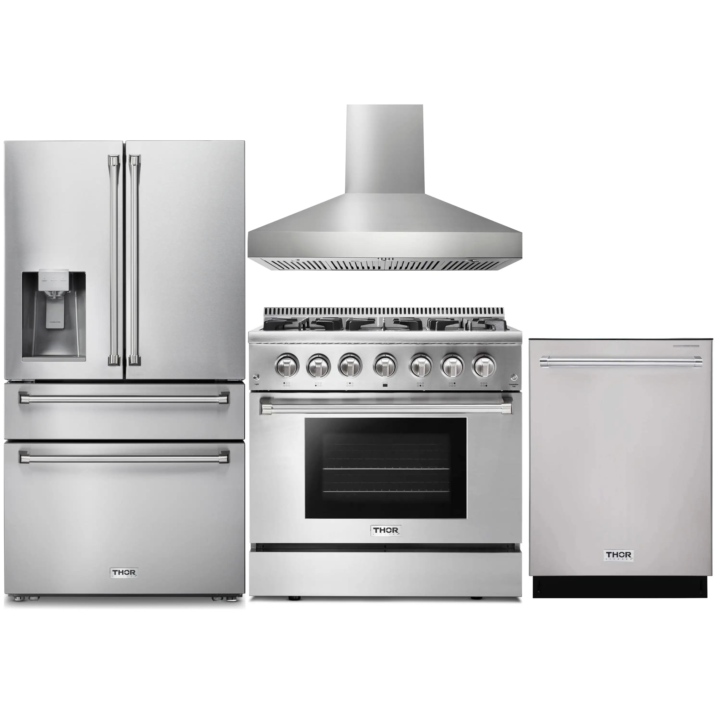Stainless steel appliance package with refrigerator, dual fuel range, wall hood, and dishwasher