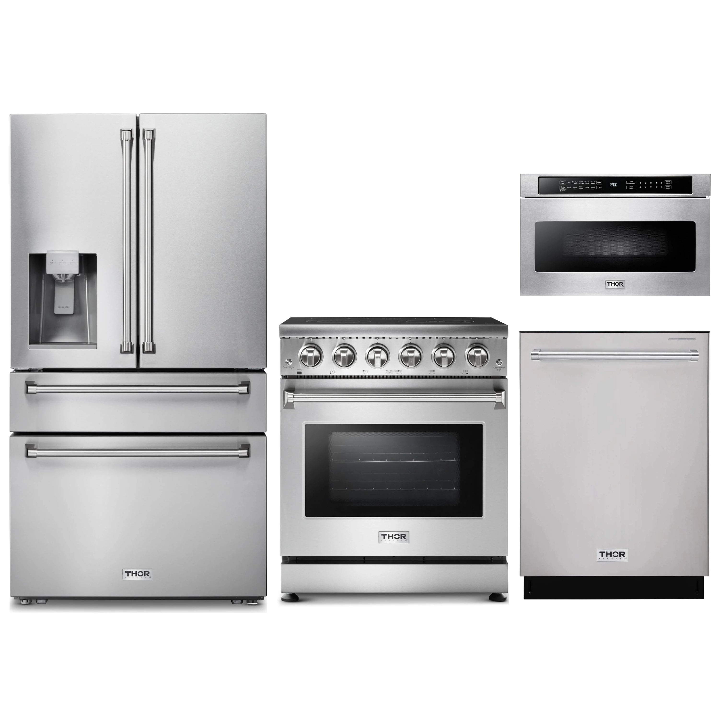 Stainless steel kitchen appliance set with refrigerator, electric range, and dishwasher