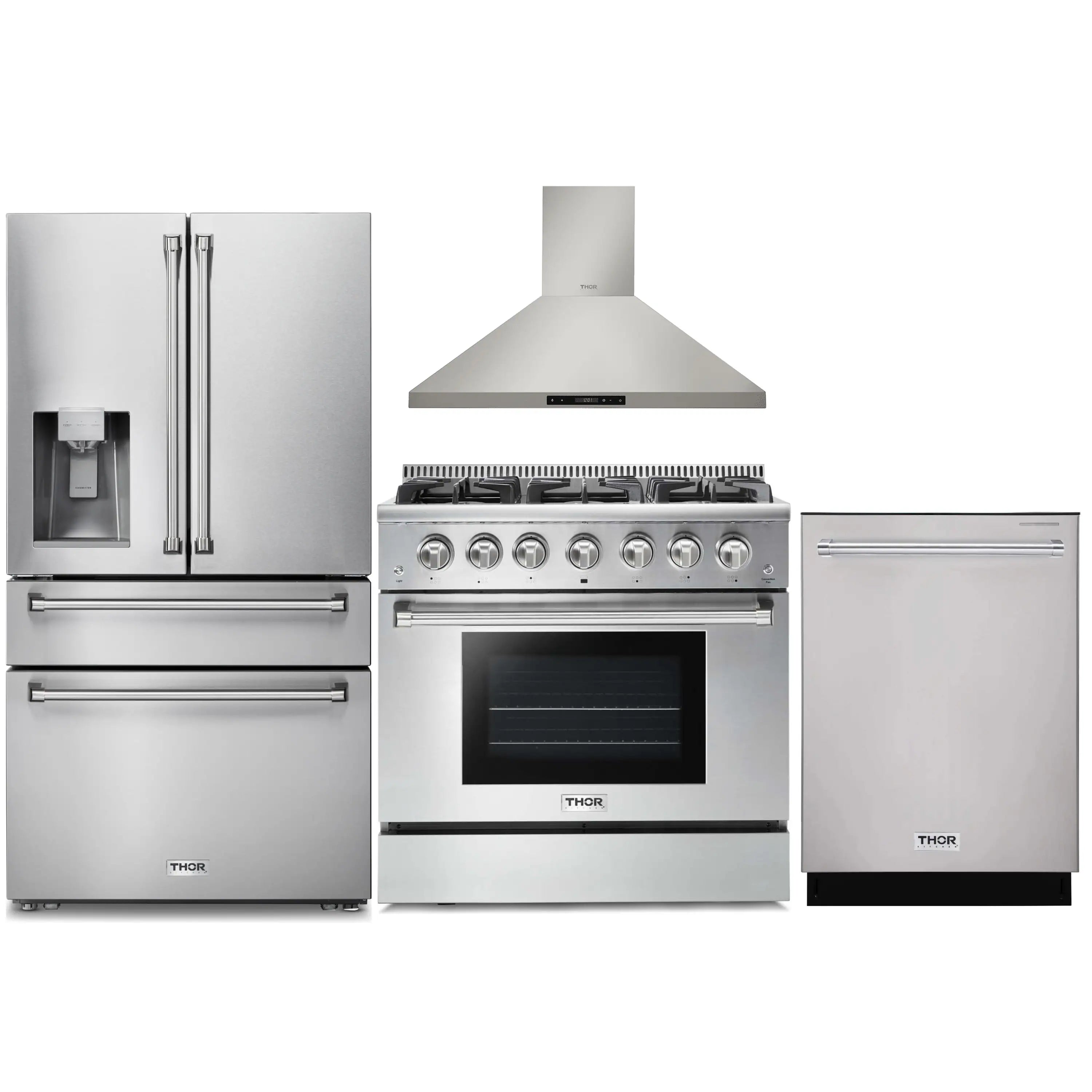 Stainless kitchen appliance package: refrigerator with dispenser, gas range, wall hood, dishwasher