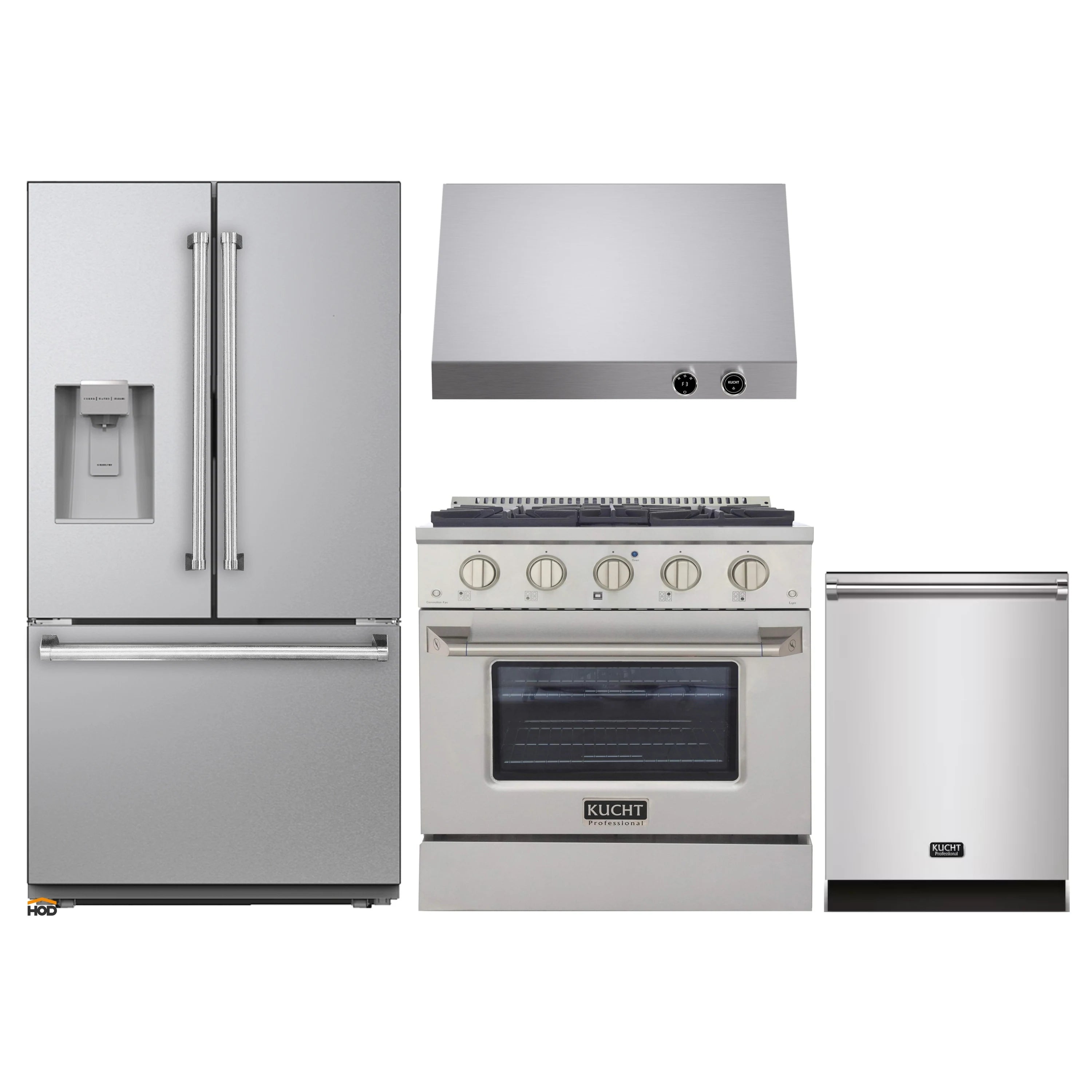 Stainless steel appliance package with refrigerator, gas range, dishwasher