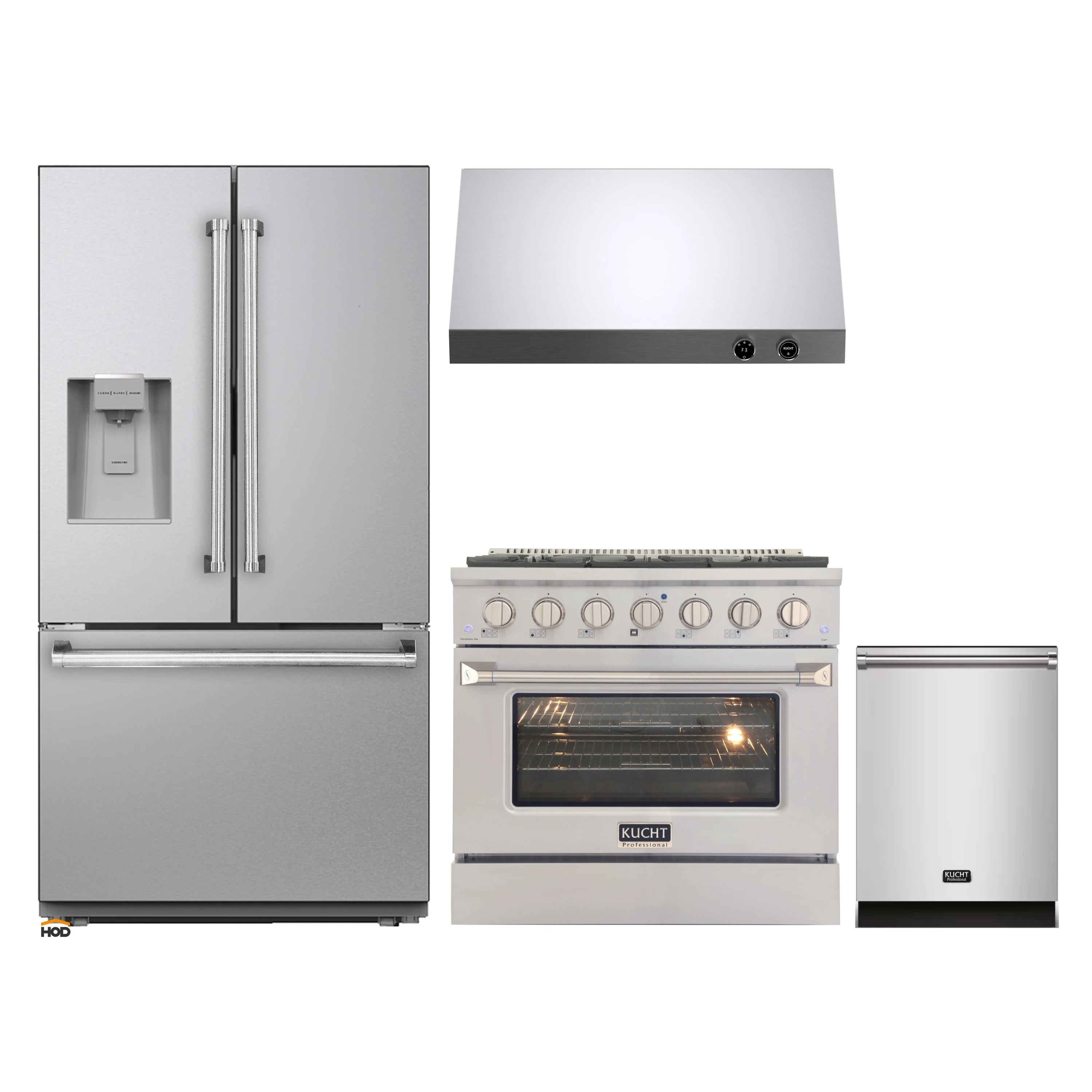 Stainless steel appliance set: refrigerator, dual fuel range with hood, and dishwasher