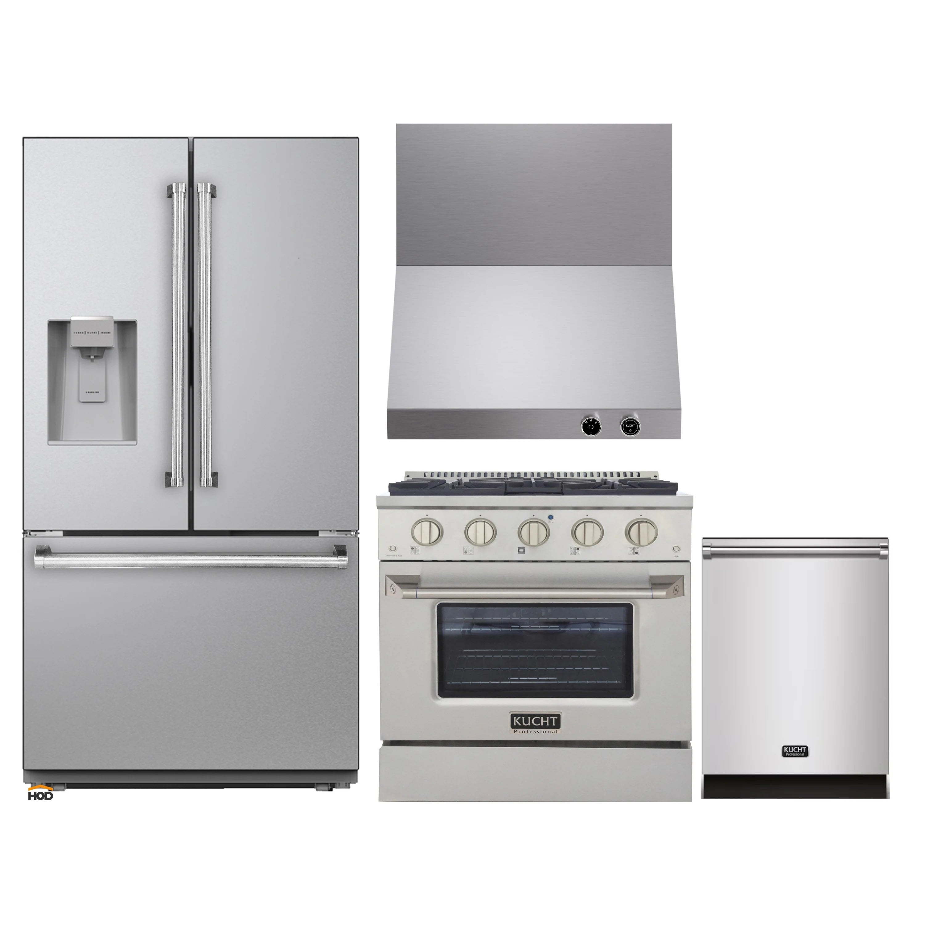 Stainless steel appliance package with refrigerator, range, and dishwasher