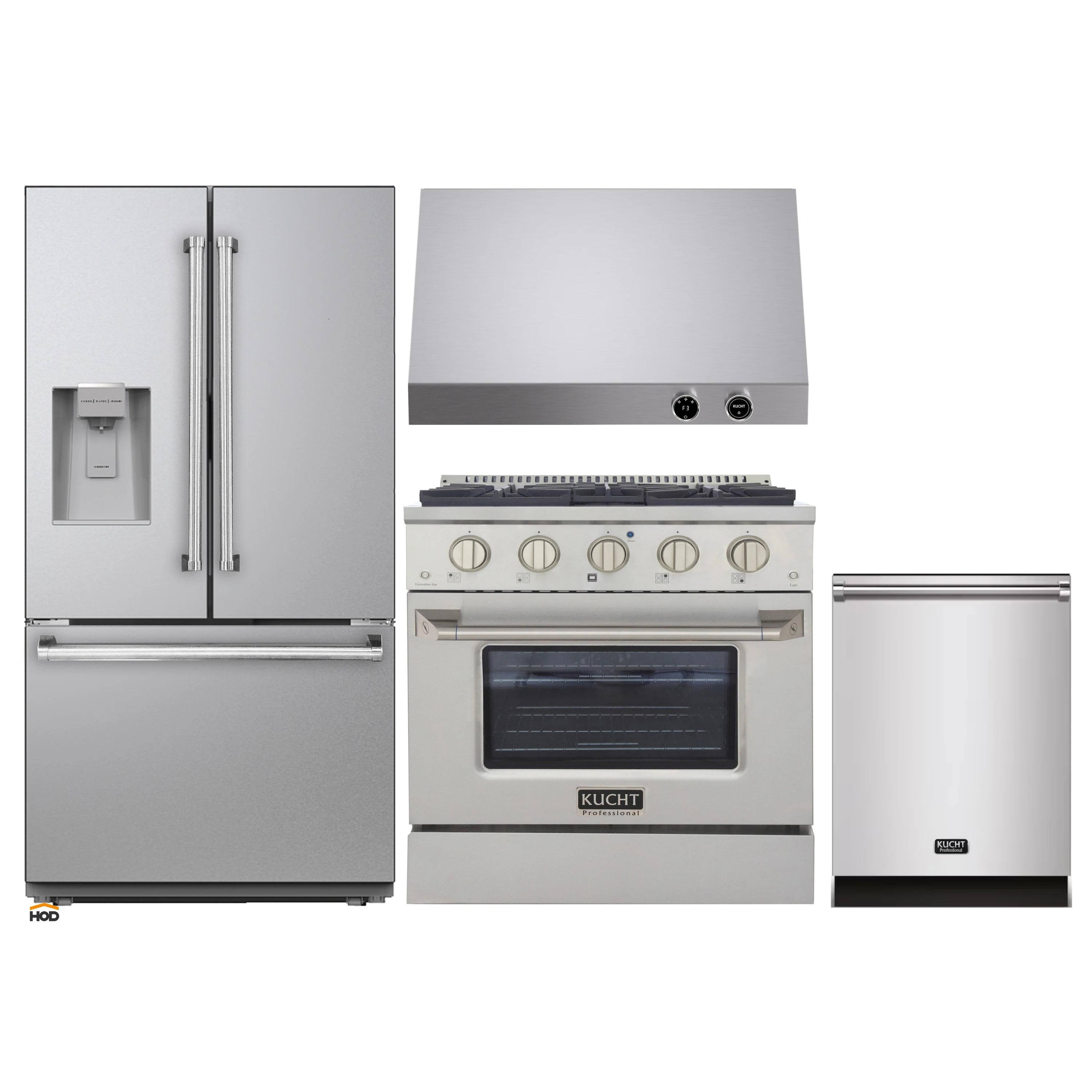 Stainless kitchen appliance package: refrigerator, gas range, dishwasher, range hood