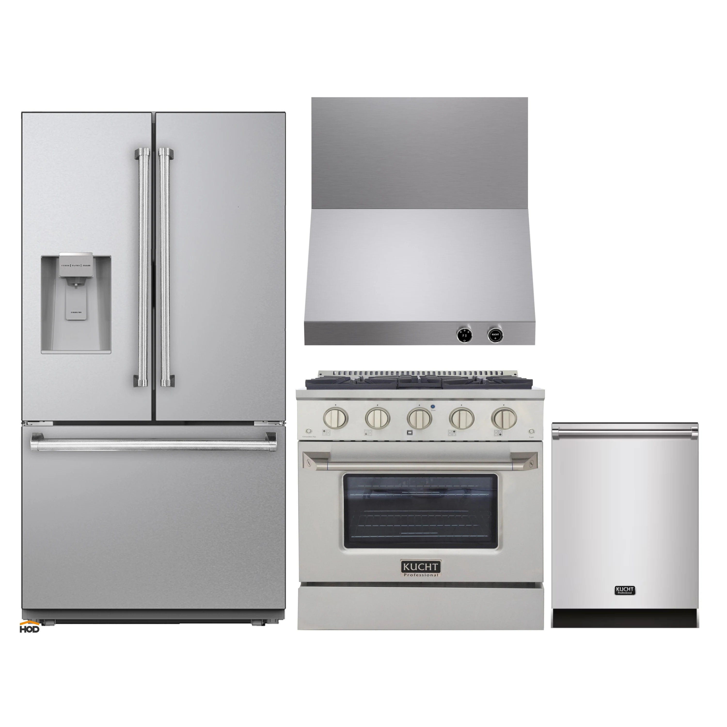 Kitchen appliance set with refrigerator, gas range, and matching dishwasher