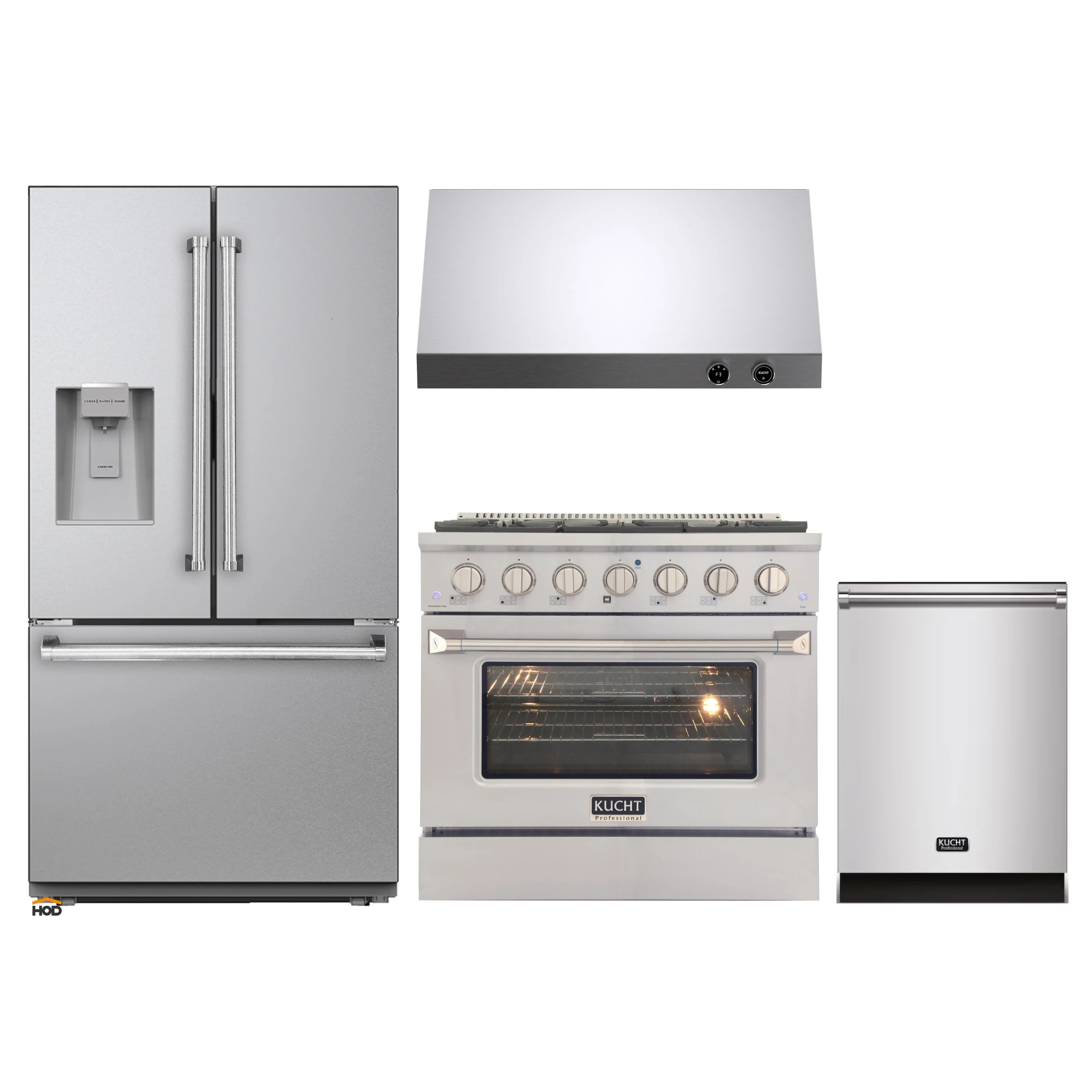4-piece kitchen appliance package: refrigerator, gas range, dishwasher, and range hood