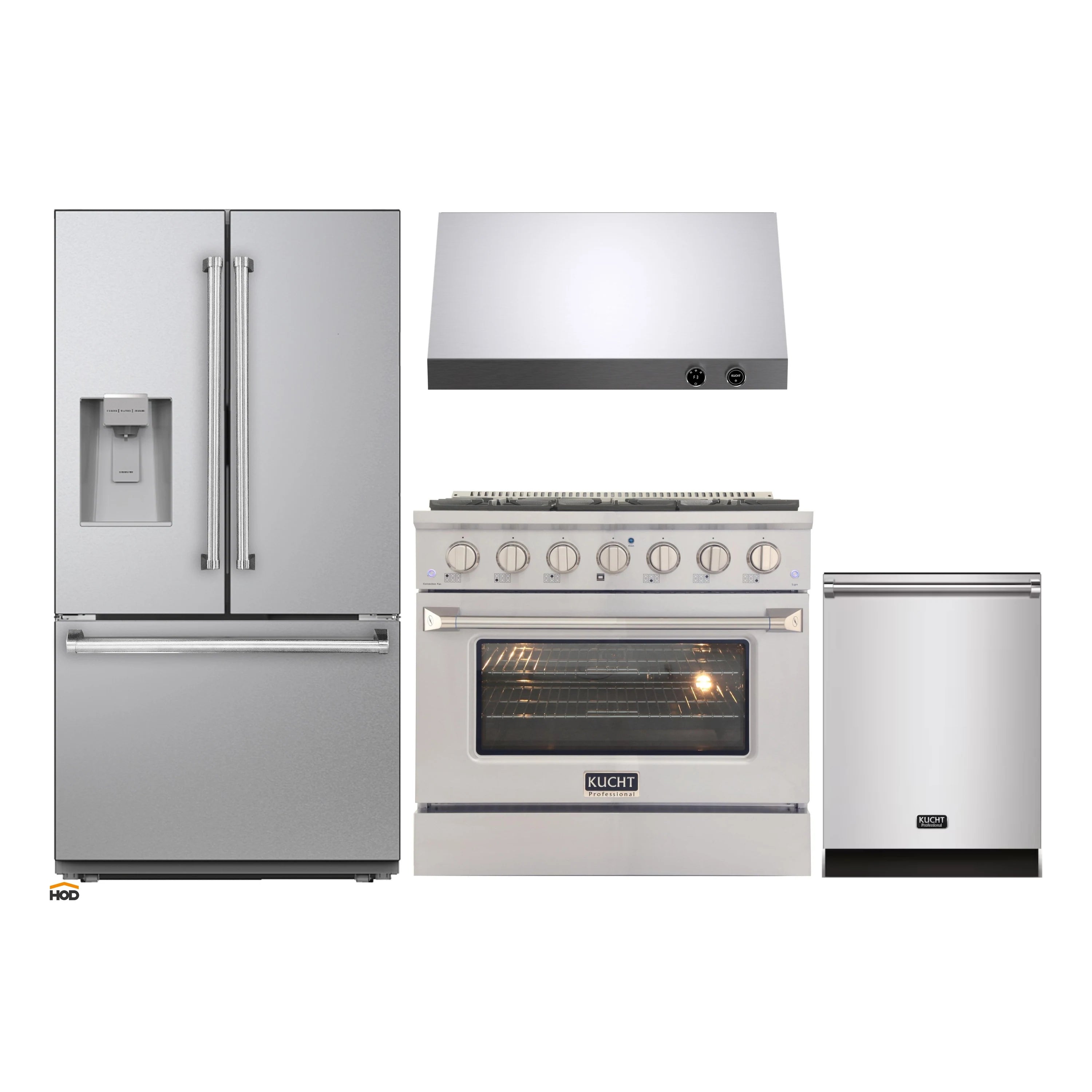 4-piece appliance package: refrigerator, gas range with hood, and dishwasher