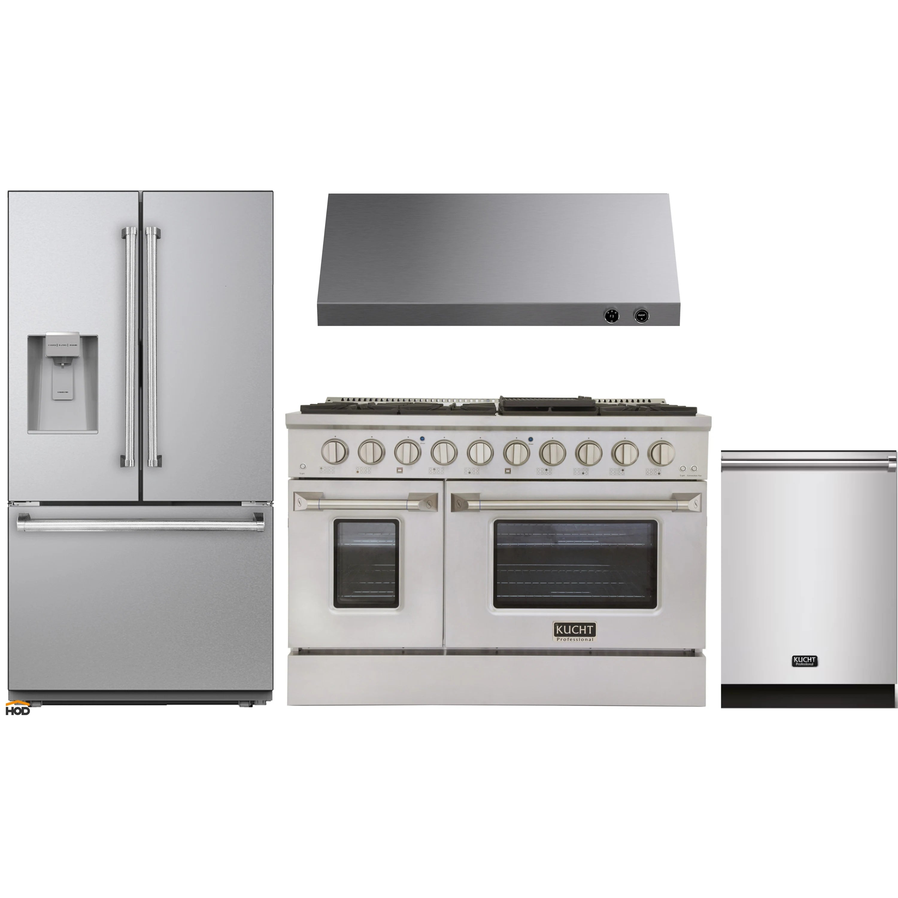 Stainless steel appliance package with refrigerator, gas range, dishwasher, and range hood