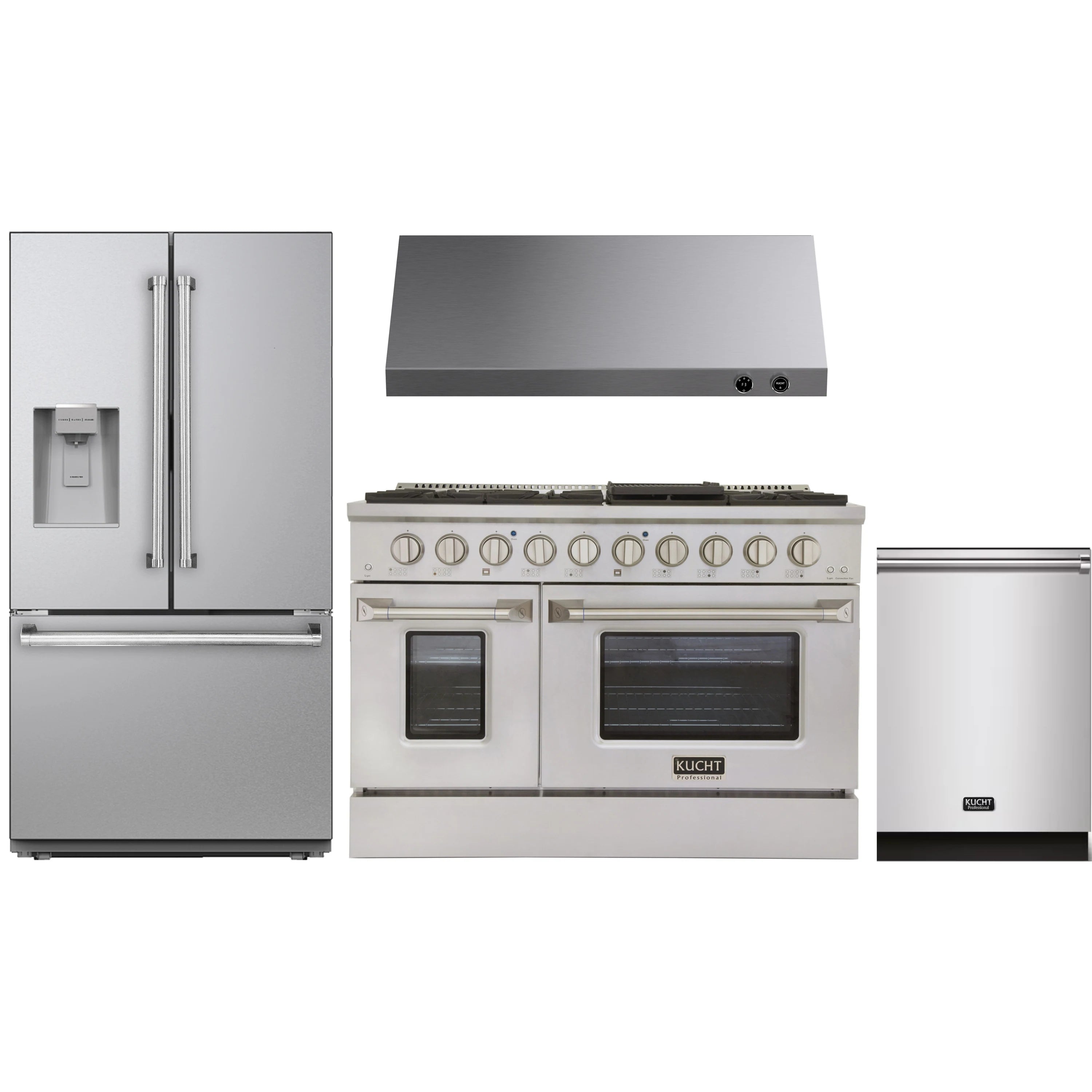 Stainless steel refrigerator, range, and under-cabinet hood in a bundle