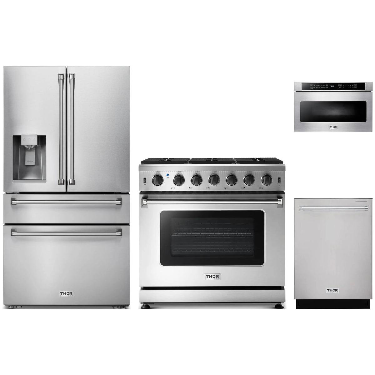 Stainless steel 4-piece appliance package with refrigerator, gas range, and dishwasher