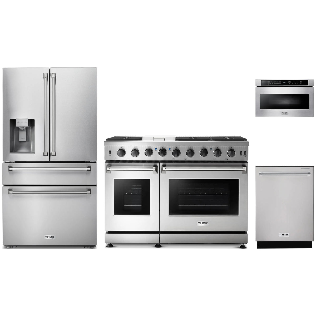Stainless steel appliance package: fridge, 48 in propane range, dishwasher, microwave drawer