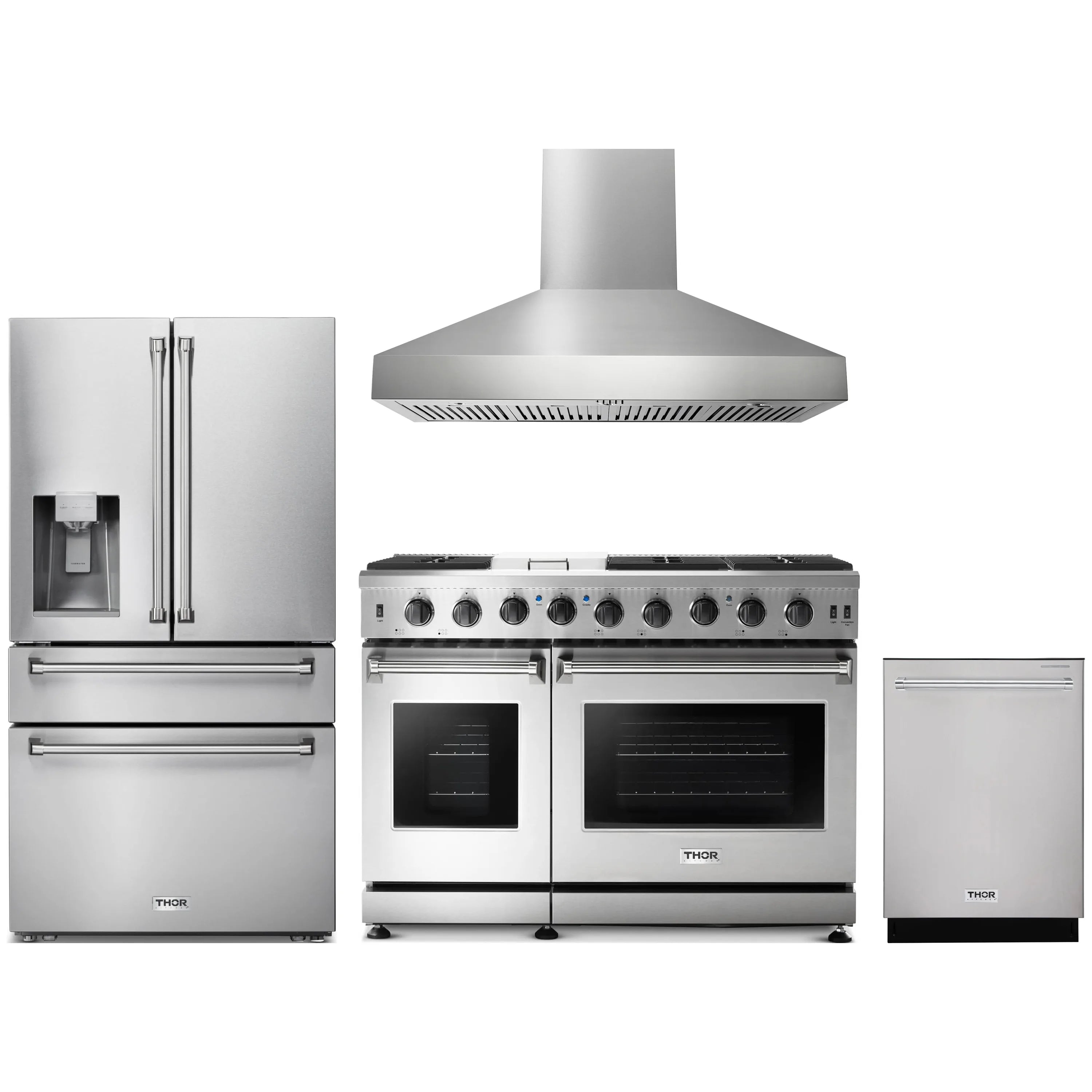 Stainless steel kitchen appliance package with range hood, gas range, fridge, dishwasher