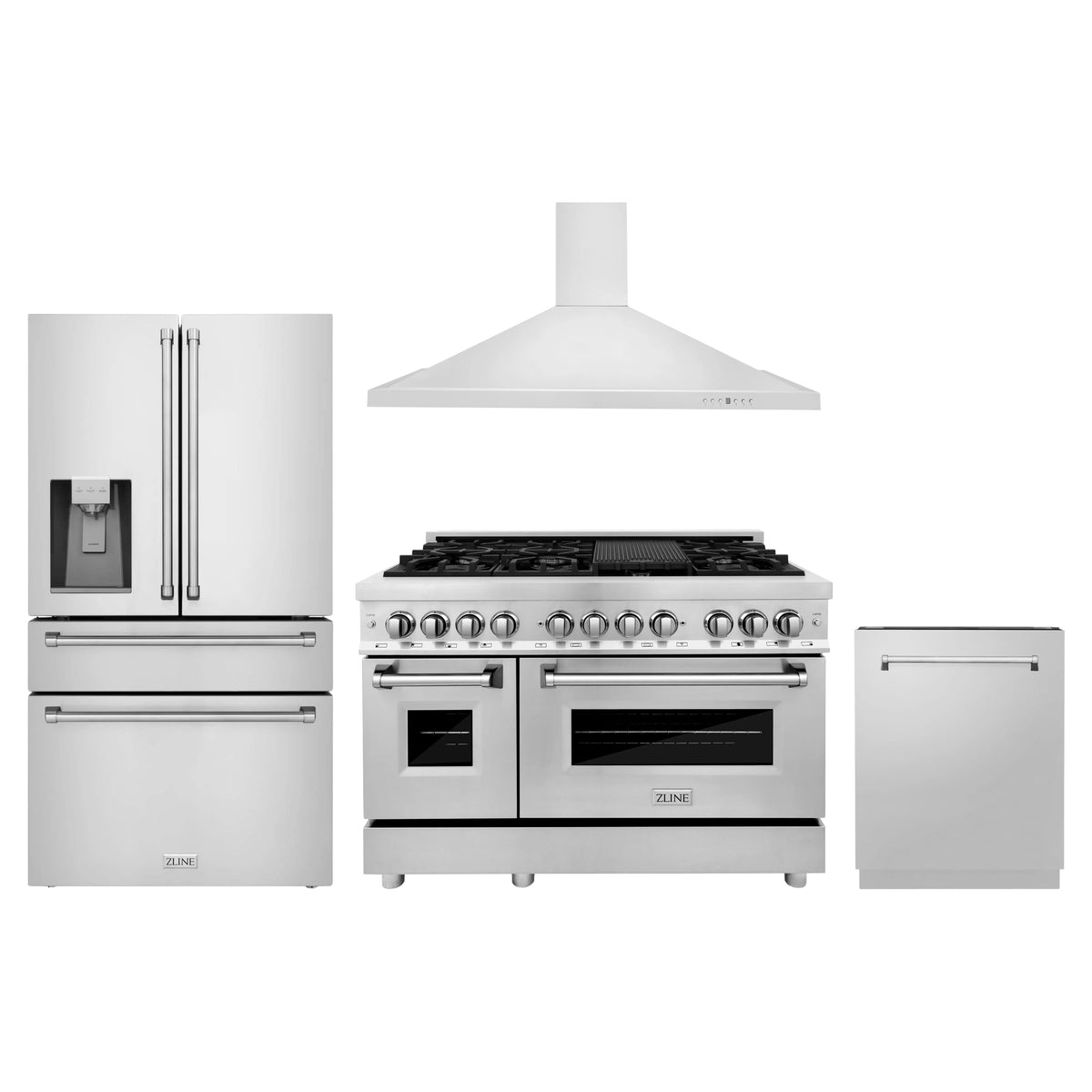 ZLINE 4-Piece Appliance Package - 48-Inch Dual Fuel Range, Refrigerator with Water Dispenser, Convertible Wall Mount Hood, and 3-Rack Dishwasher in Stainless Steel