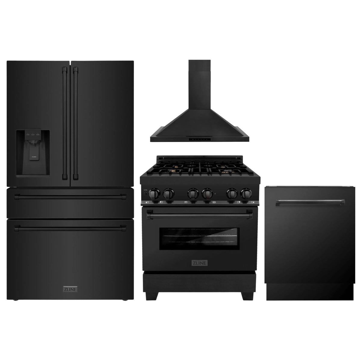 ZLINE 4-Piece Appliance Package - 36-Inch Dual Fuel Range with Brass Burners, Refrigerator with Water Dispenser, Convertible Wall Mount Hood, and 3-Rack Dishwasher in Black Stainless Steel (4KPRW-RABRH36-DWV)