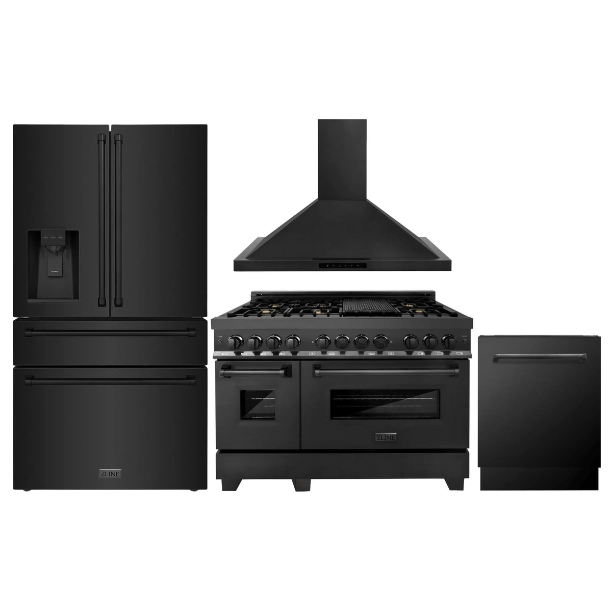 ZLINE 4-Piece Appliance Package - 48-Inch Dual Fuel Range with Brass Burners, Refrigerator with Water Dispenser, Convertible Wall Mount Hood, and 3-Rack Dishwasher in Black Stainless Steel (4KPRW-RABRH48-DWV)
