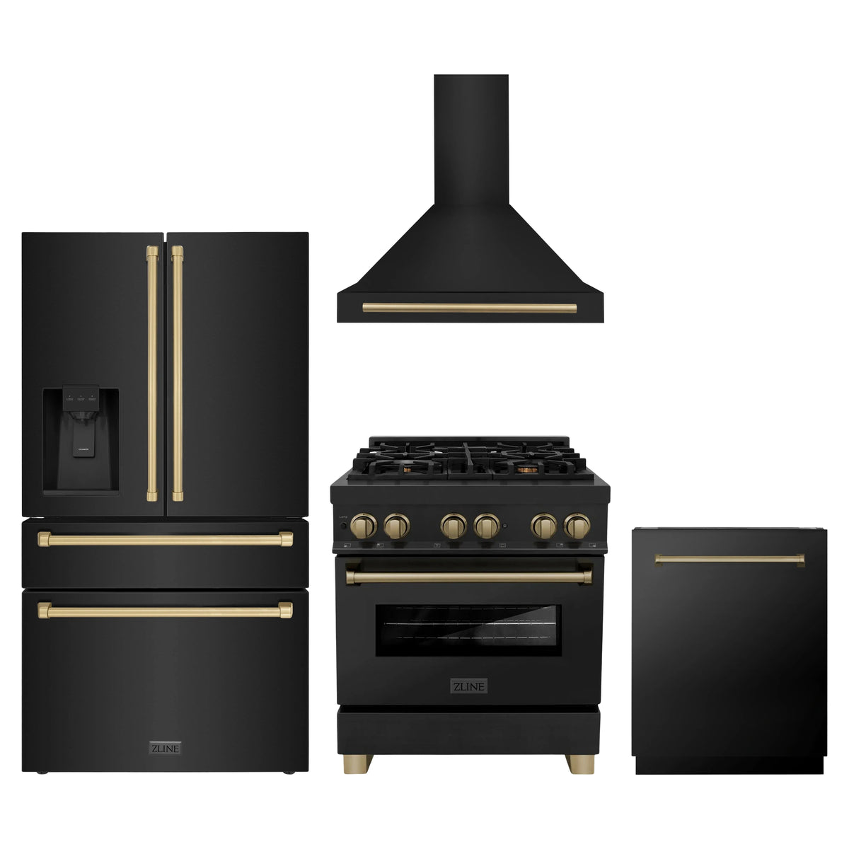 ZLINE 4-Piece Appliance Package - 30-Inch Legacy Dual Fuel Range, Wall Mount Range Hood, 36-Inch French Door Refrigerator with Water Dispenser, Dishwasher, in Black Stainless Steel with Champagne Bronze Accents