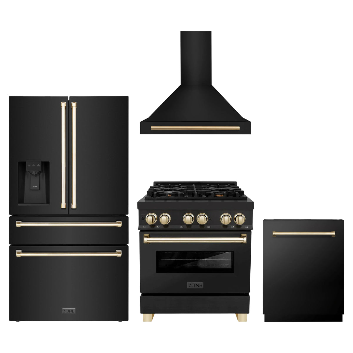 ZLINE 4-Piece Appliance Package - 30-Inch Legacy Dual Fuel Range, Wall Mount Range Hood, 36-Inch French Door Refrigerator with Water Dispenser, Dishwasher, in Black Stainless Steel with Gold Accents