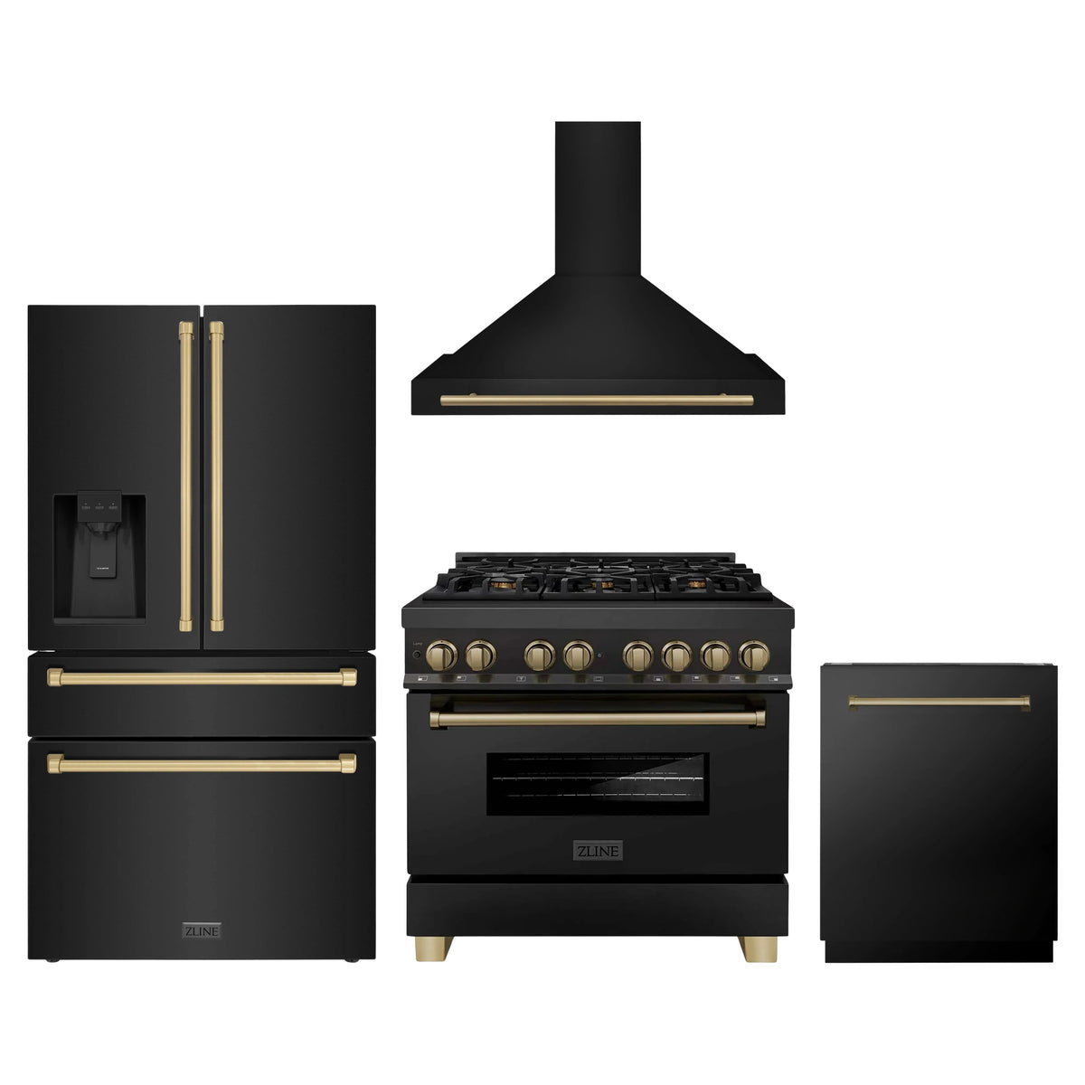 ZLINE 4-Piece Appliance Package - 36-Inch Legacy Dual Fuel Range, Wall Mount Range Hood, 36-Inch French Door Refrigerator with Water Dispenser, Dishwasher, in Black Stainless Steel with Champagne Bronze Accents