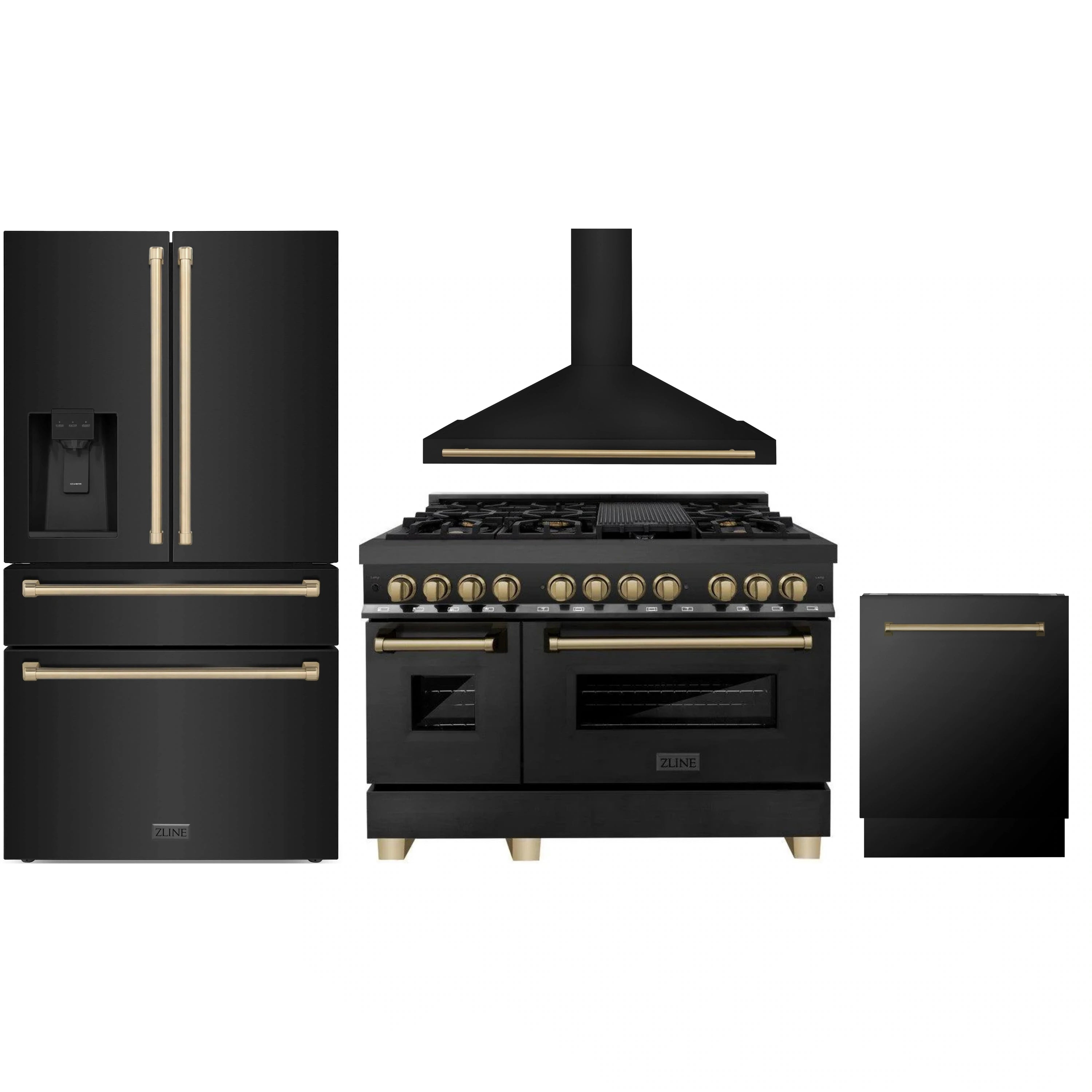 Black appliance set with refrigerator, range, range hood, and dishwasher with bronze accents