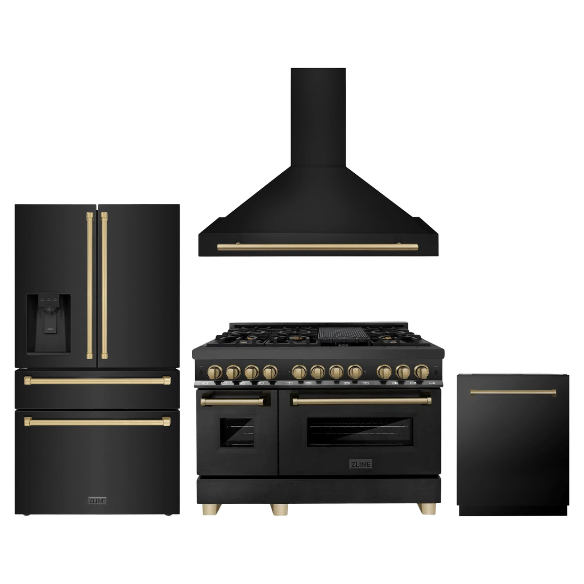 ZLINE 4-Piece Appliance Package - 48-Inch Legacy Dual Fuel Range, Wall Mount Range Hood, 36-Inch French Door Refrigerator with Water Dispenser, Dishwasher, in Black Stainless Steel with Champagne Bronze Accents