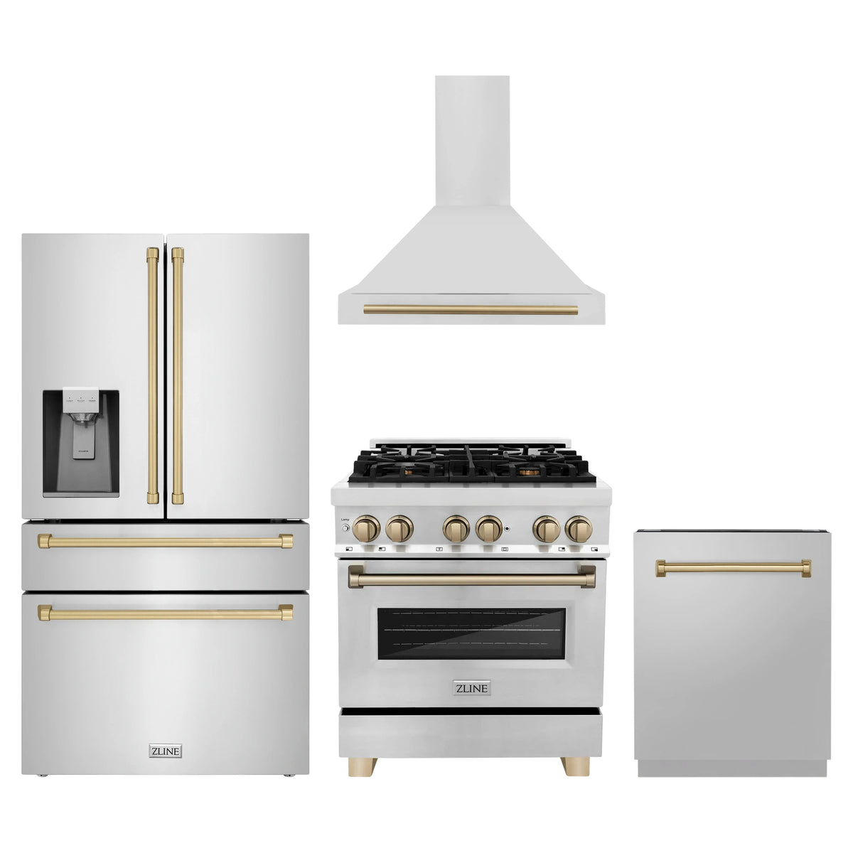 ZLINE 4-Piece Appliance Package - 30-Inch Legacy Autograph Dual Fuel Range, Wall Mount Range Hood, 36-Inch French Door Refrigerator with Water Dispenser, Dishwasher, in Stainless Steel with Champagne Bronze Accents