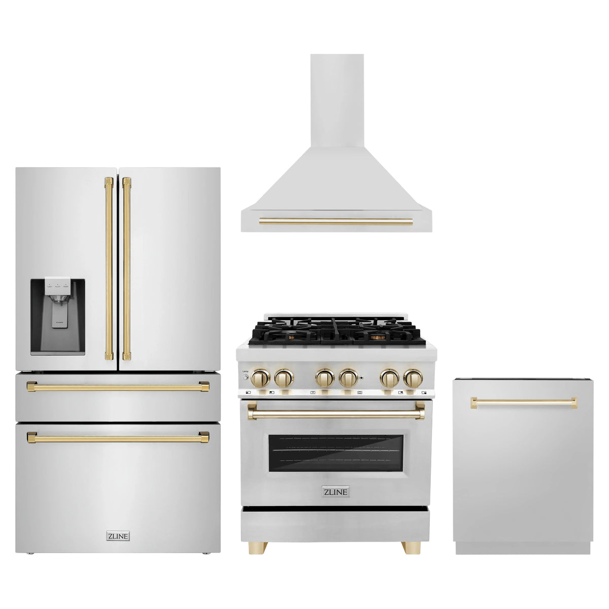 ZLINE 4-Piece Appliance Package - 30-Inch Legacy Autograph Dual Fuel Range, Wall Mount Range Hood, 36-Inch French Door Refrigerator with Water Dispenser, Dishwasher, in Stainless Steel with Gold Accents