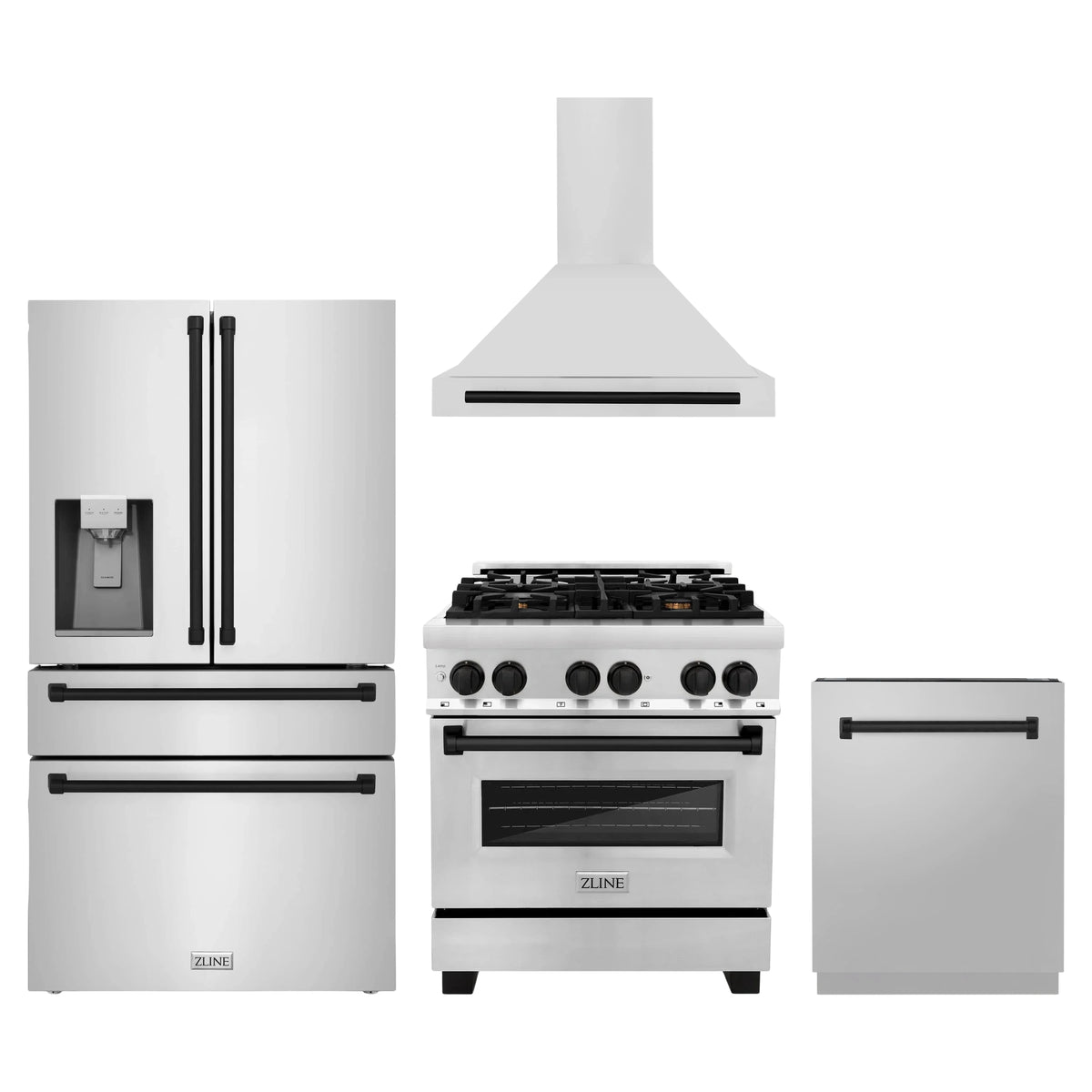ZLINE 4-Piece Appliance Package - 30-Inch Legacy Autograph Dual Fuel Range, Wall Mount Range Hood, 36-Inch French Door Refrigerator with Water Dispenser, Dishwasher, in Stainless Steel with Matte Black Accents